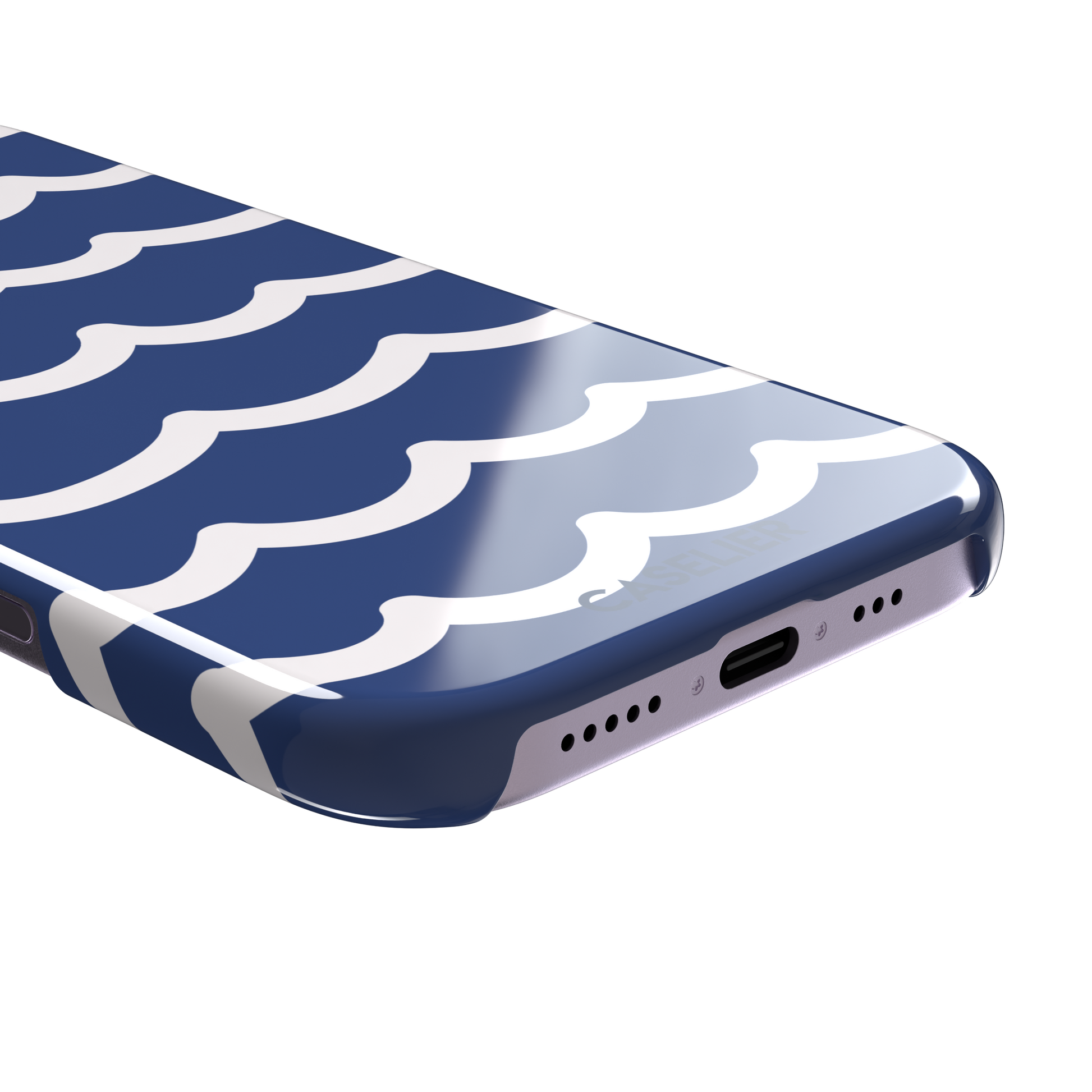 Waves phone case in deep navy blue with stacked white graphic wave stripes, Memories of Summer collection, phone case by Caselier — snap case, charging port detail