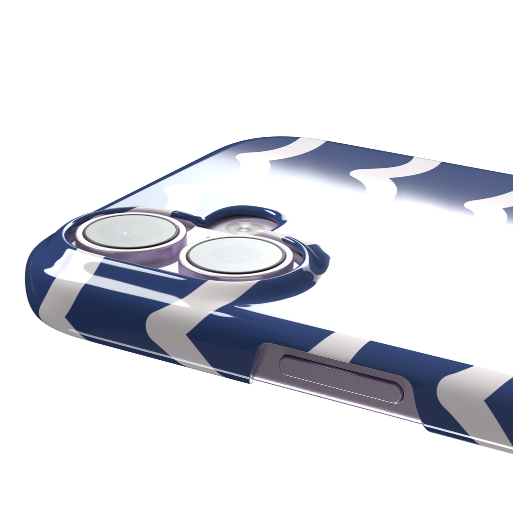 Waves phone case in deep navy blue with stacked white graphic wave stripes, Memories of Summer collection, phone case by Caselier — snap case, volume buttons detail