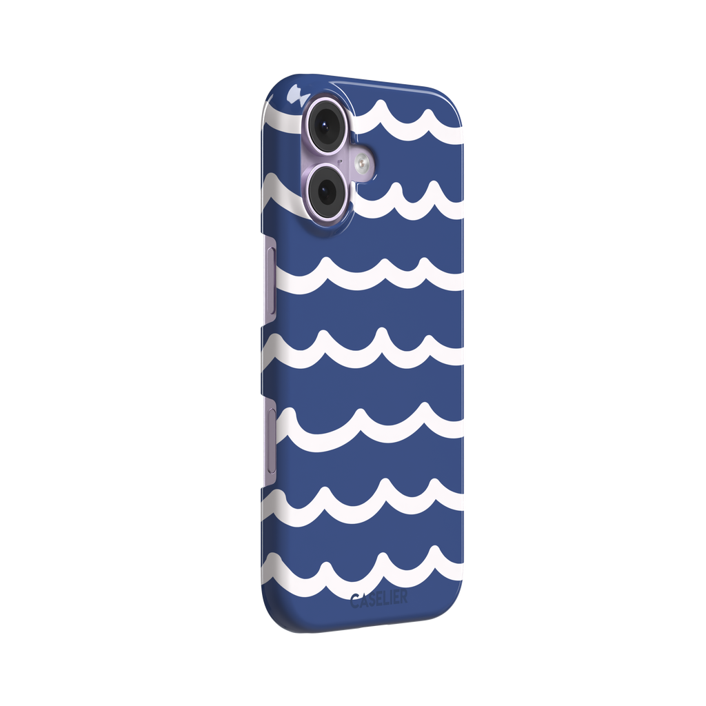 Waves phone case in deep navy blue with stacked white graphic wave stripes, Memories of Summer collection, phone case by Caselier — snap case, left view