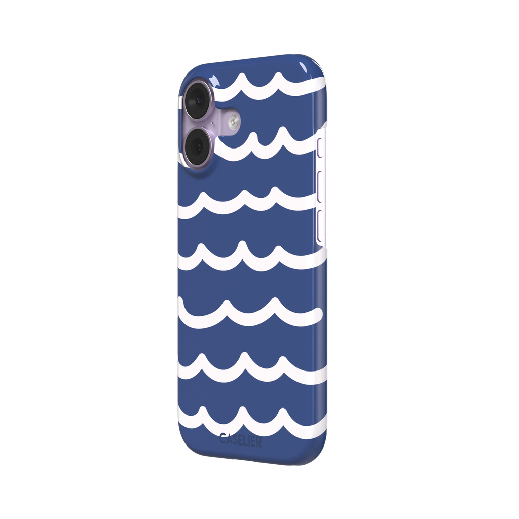 Waves phone case in deep navy blue with stacked white graphic wave stripes, Memories of Summer collection, phone case by Caselier — snap case, right view