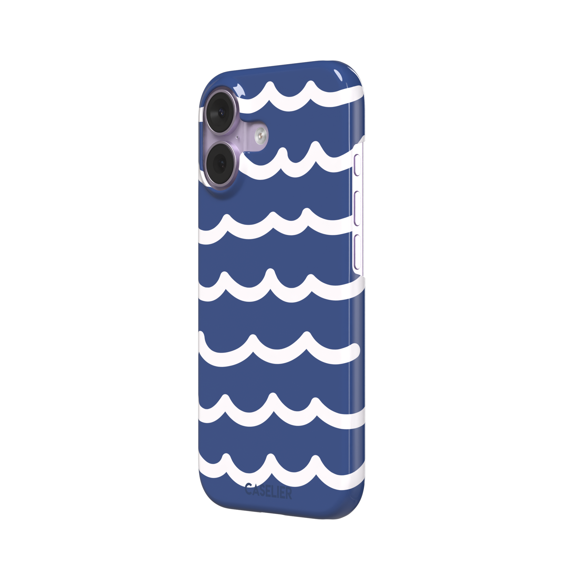 Waves phone case in deep navy blue with stacked white graphic wave stripes, Memories of Summer collection, phone case by Caselier — snap case, right view