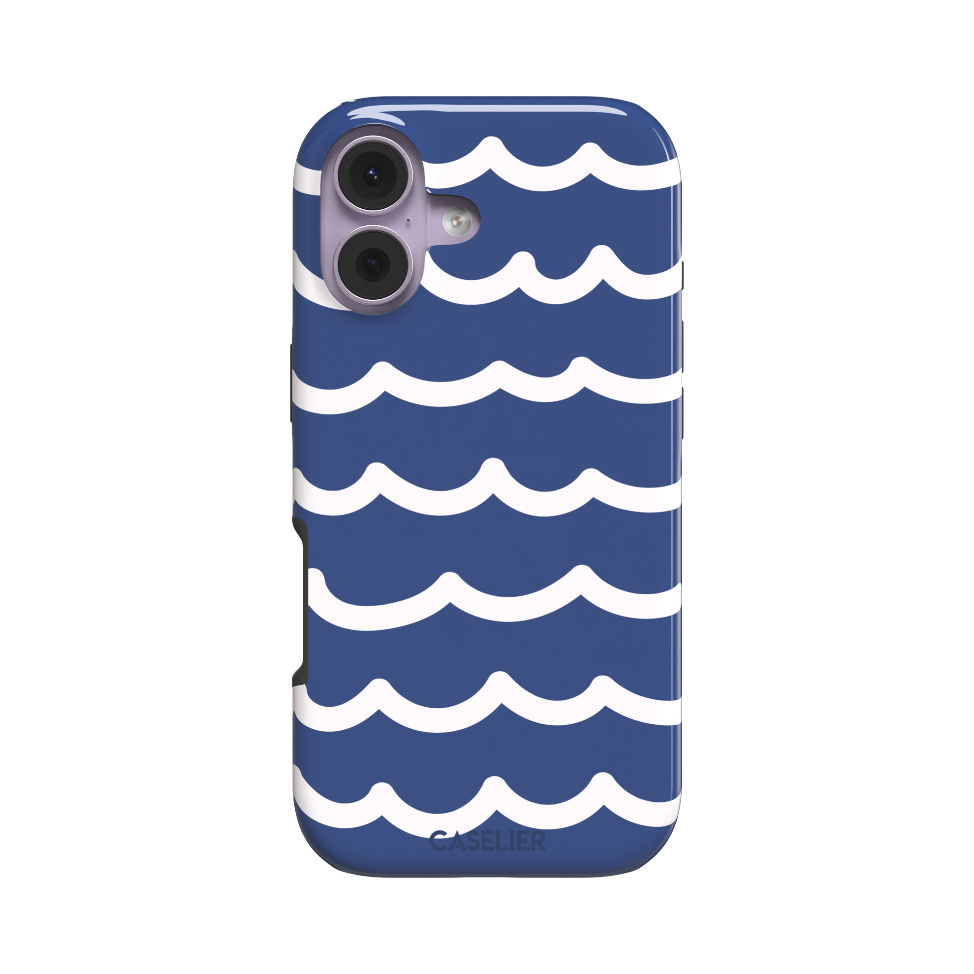 Waves phone case in deep navy blue with stacked white graphic wave stripes, Memories of Summer collection, phone case by Caselier — tough case, front view