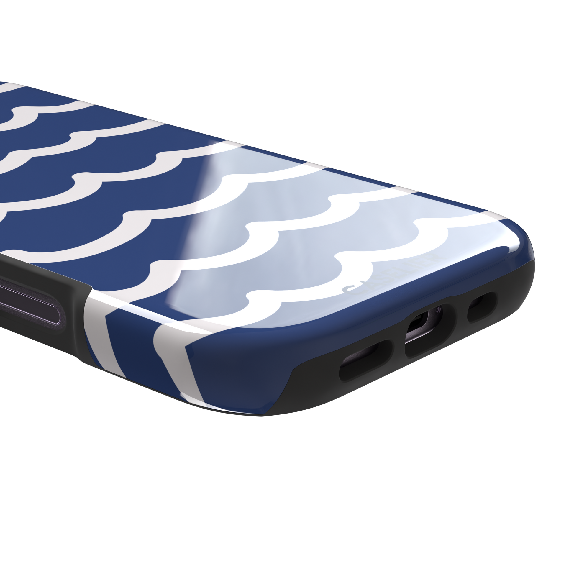 Waves phone case in deep navy blue with stacked white graphic wave stripes, Memories of Summer collection, phone case by Caselier — tough case, charging port detail