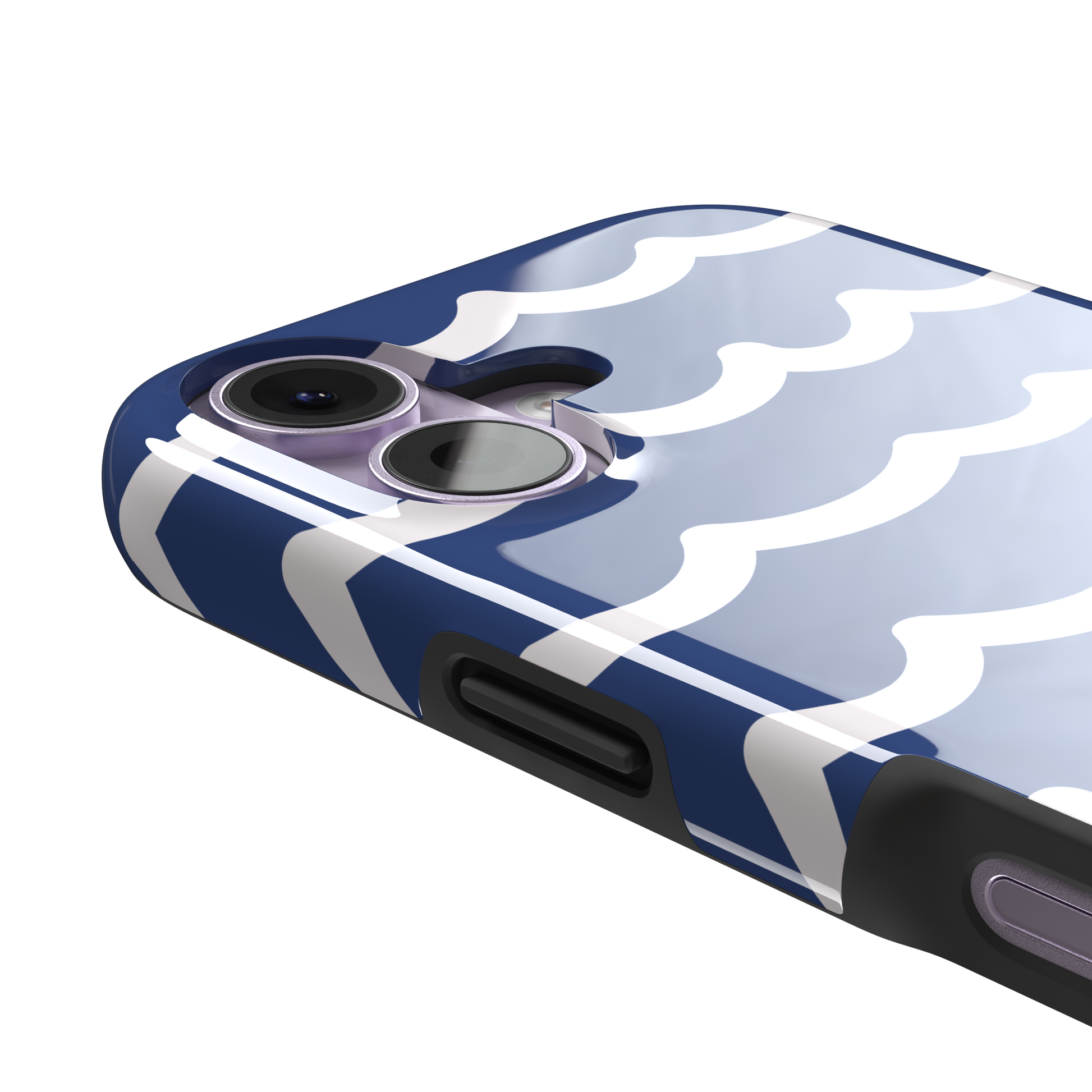 Waves phone case in deep navy blue with stacked white graphic wave stripes, Memories of Summer collection, phone case by Caselier — tough case, volume buttons detail
