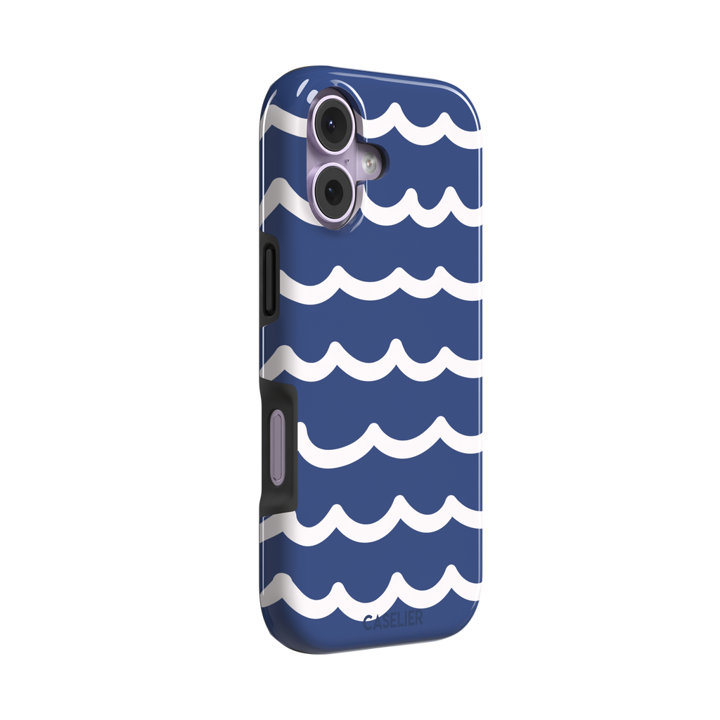 Waves phone case in deep navy blue with stacked white graphic wave stripes, Memories of Summer collection, phone case by Caselier — tough case, left view