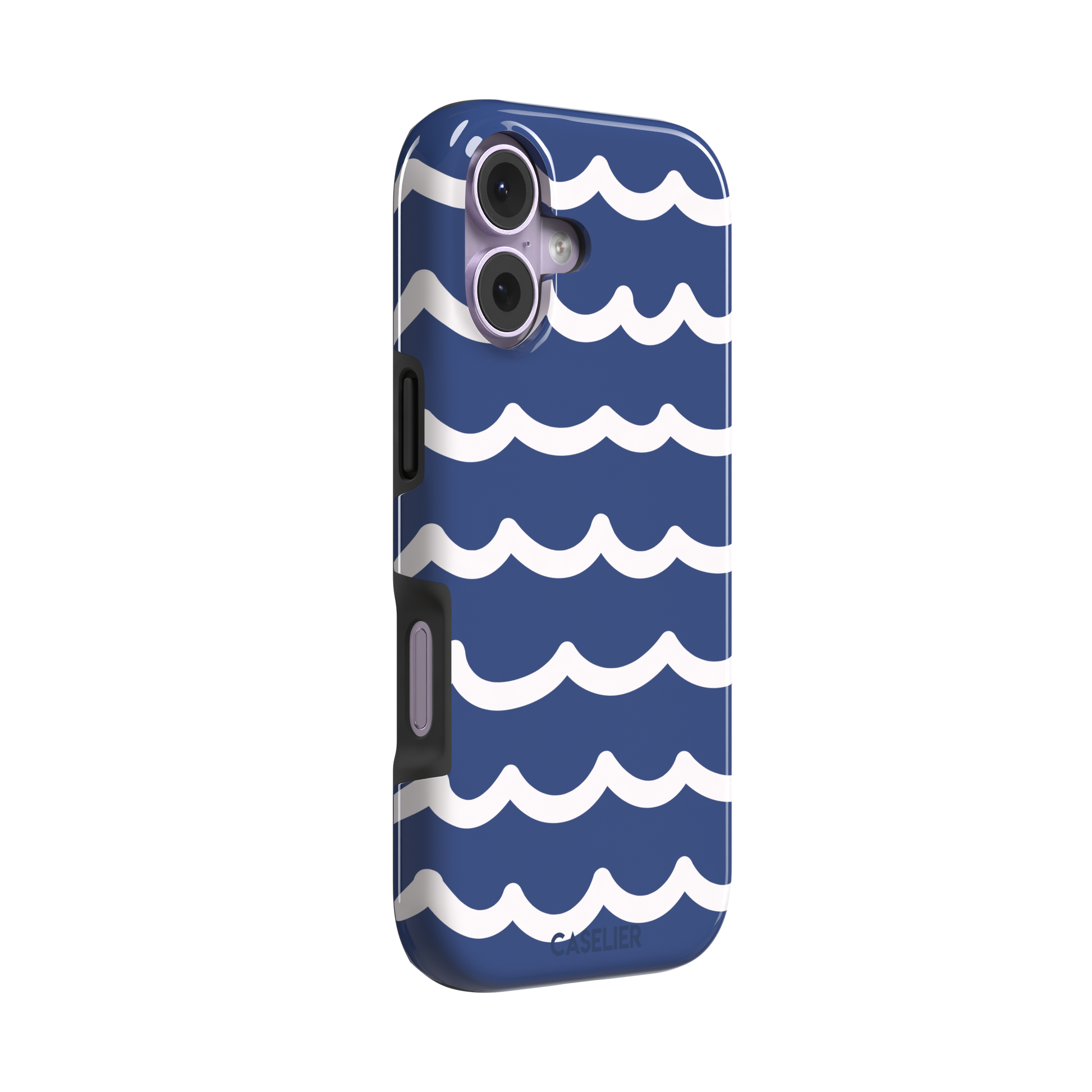 Waves phone case in deep navy blue with stacked white graphic wave stripes, Memories of Summer collection, phone case by Caselier — tough case, left view