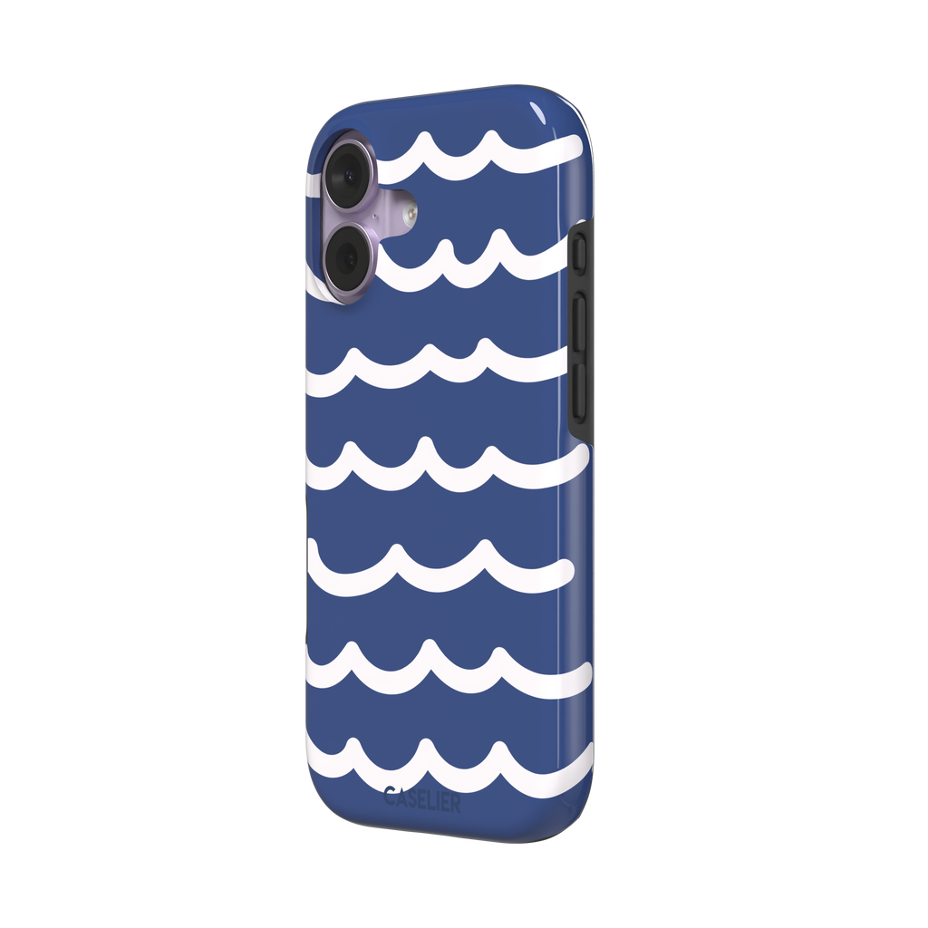 Waves phone case in deep navy blue with stacked white graphic wave stripes, Memories of Summer collection, phone case by Caselier — tough case, right view