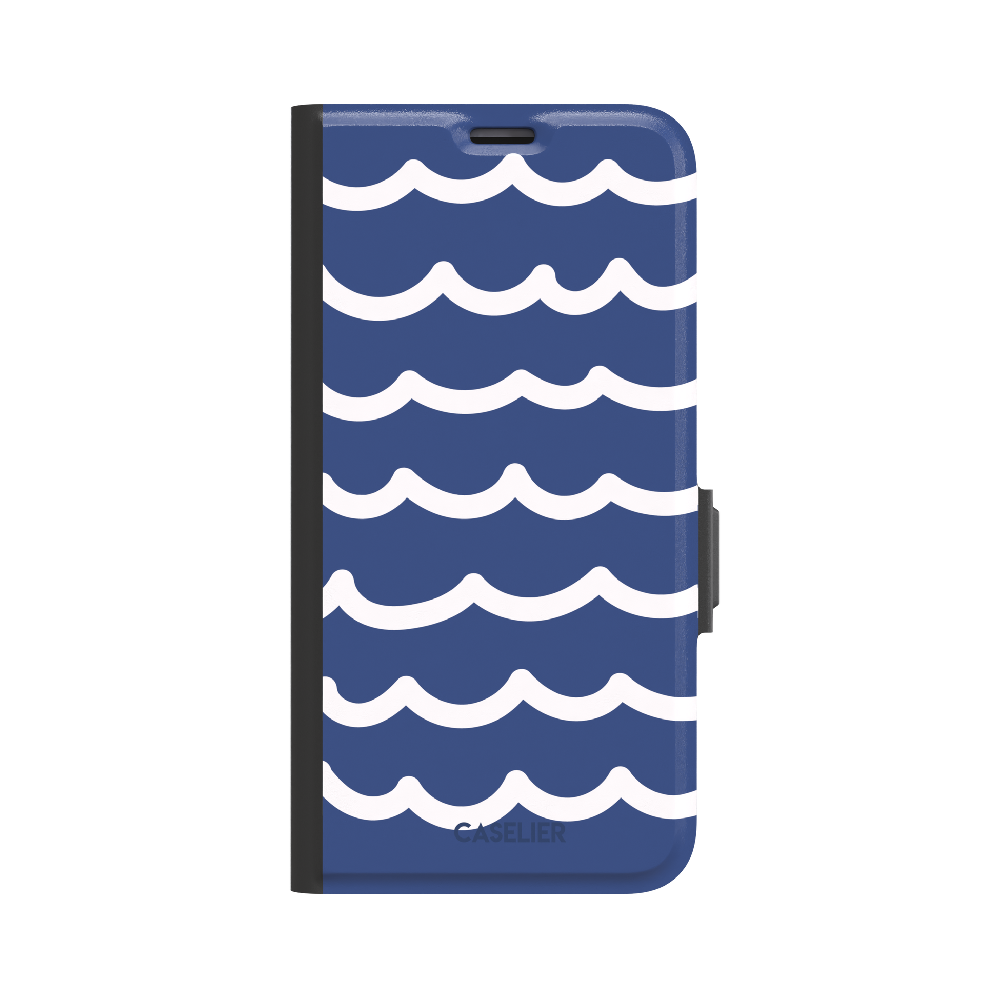 Waves phone case in deep navy blue with stacked white graphic wave stripes, Memories of Summer collection, phone case by Caselier — wallet case, front view
