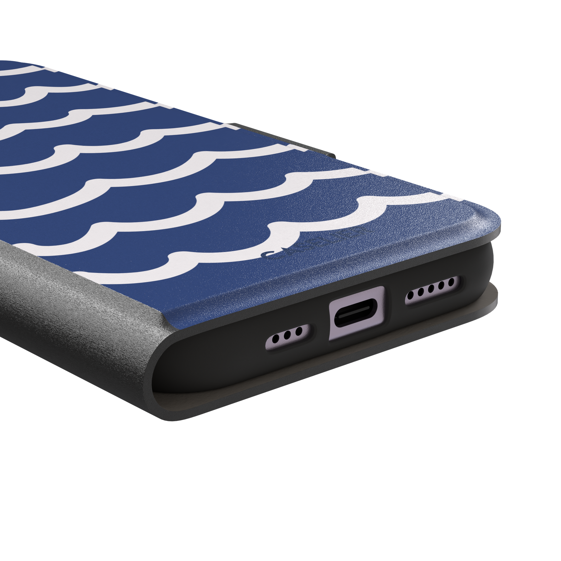 Waves phone case in deep navy blue with stacked white graphic wave stripes, Memories of Summer collection, phone case by Caselier — wallet case, charging port detail