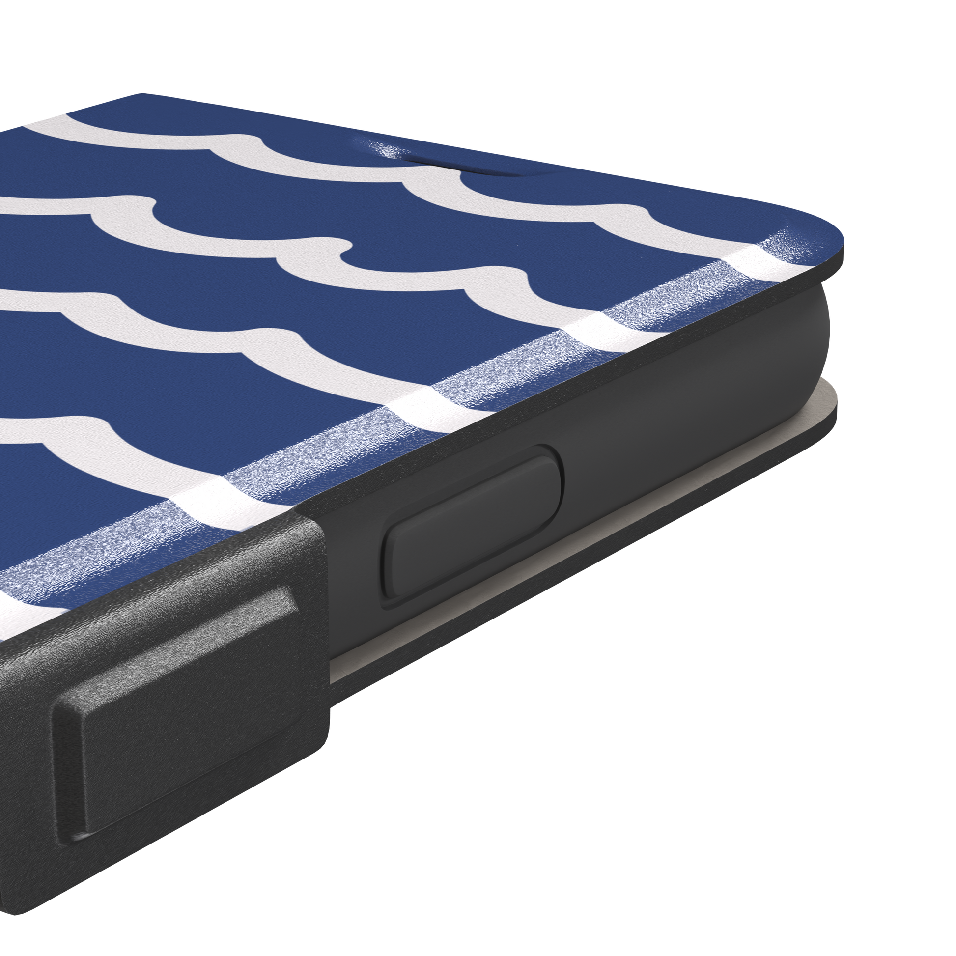 Waves phone case in deep navy blue with stacked white graphic wave stripes, Memories of Summer collection, phone case by Caselier — wallet case, volume buttons detail