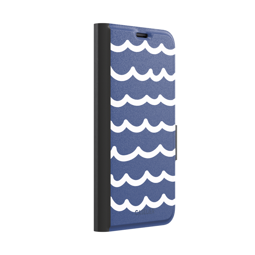 Waves phone case in deep navy blue with stacked white graphic wave stripes, Memories of Summer collection, phone case by Caselier — wallet case, left view