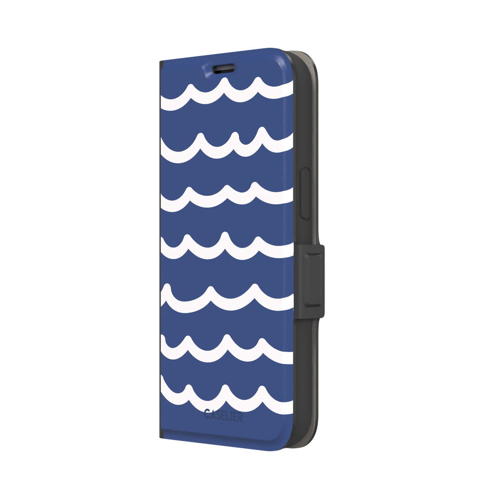 Waves phone case in deep navy blue with stacked white graphic wave stripes, Memories of Summer collection, phone case by Caselier — wallet case, right view