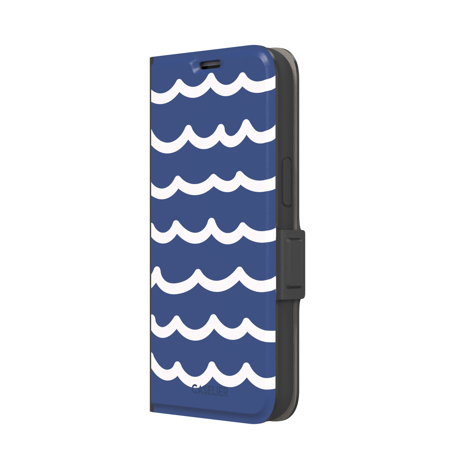 Waves phone case in deep navy blue with stacked white graphic wave stripes, Memories of Summer collection, phone case by Caselier — wallet case, right view