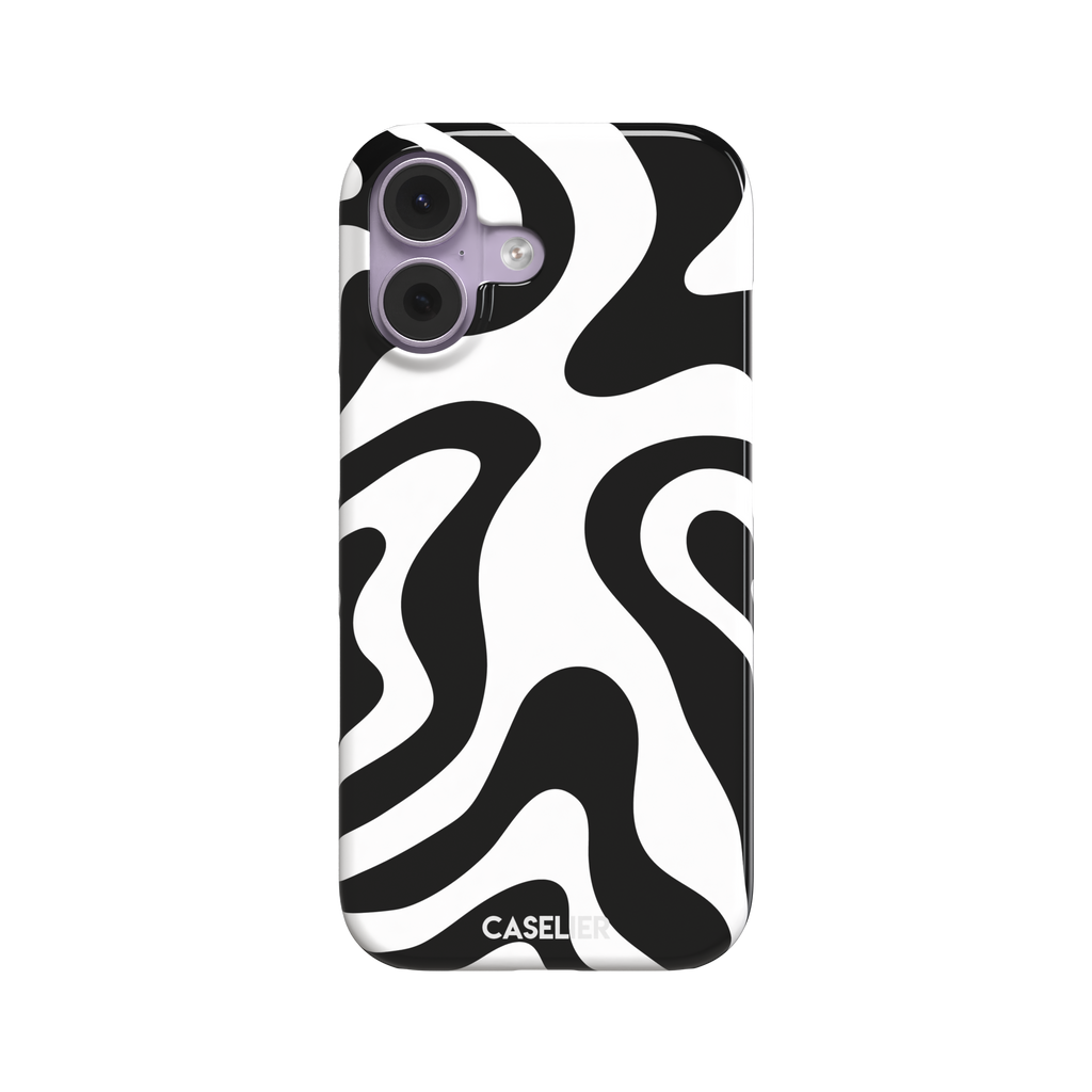 Wavey abstract phone case in black and white fluid swirl pattern, phone case by Caselier — snap case, front view
