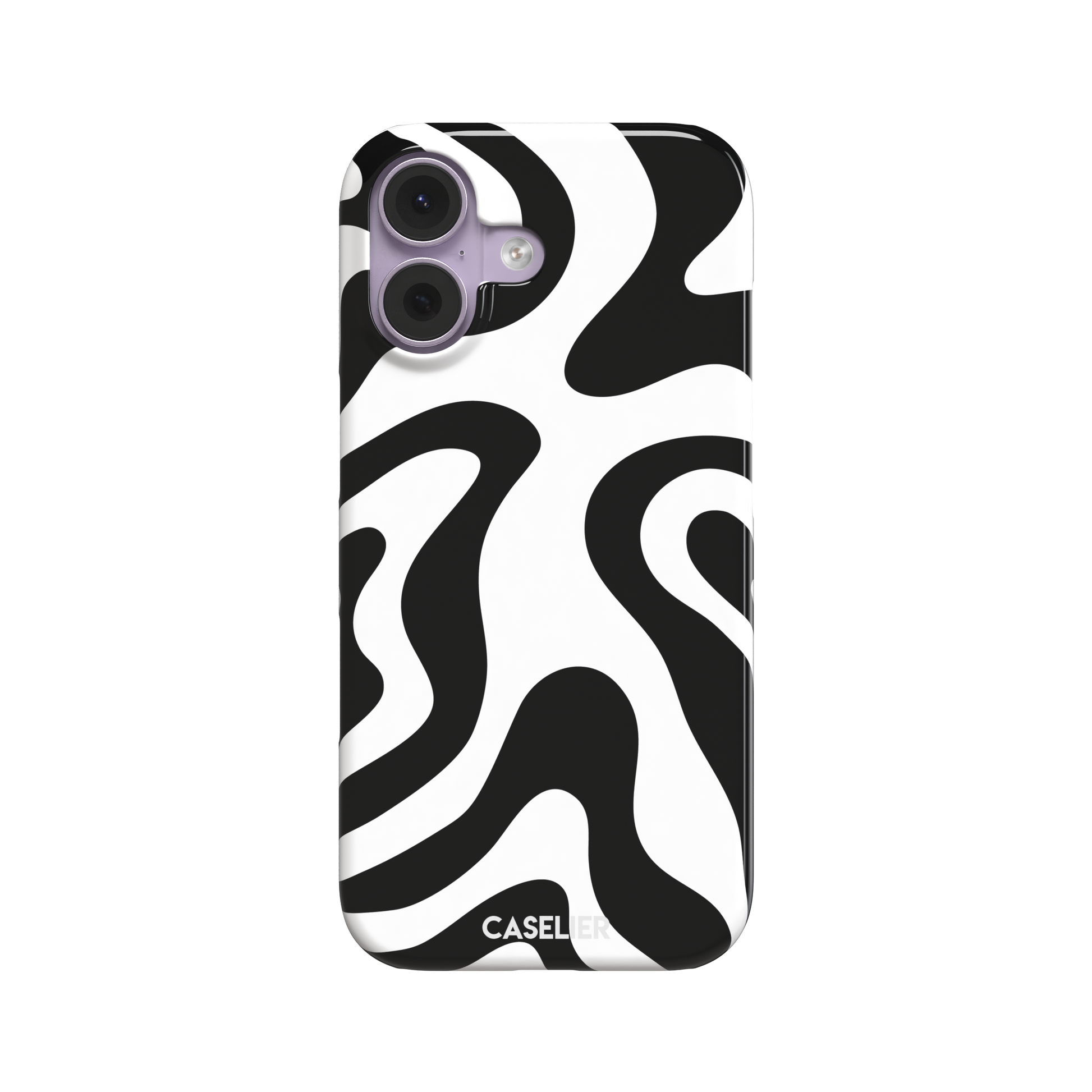 Wavey abstract phone case in black and white fluid swirl pattern, phone case by Caselier — snap case, front view