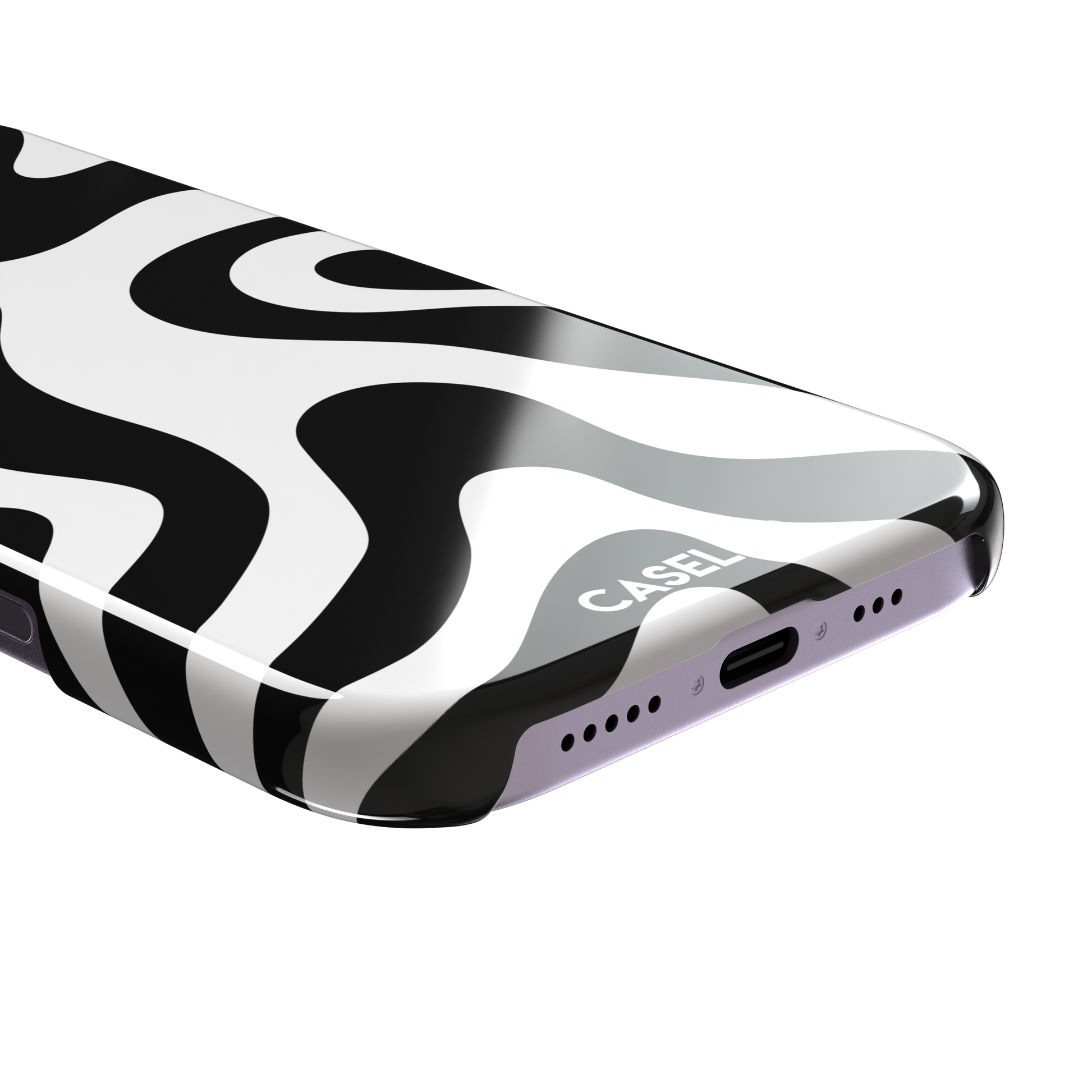 Wavey abstract phone case in black and white fluid swirl pattern, phone case by Caselier — snap case, charging port detail