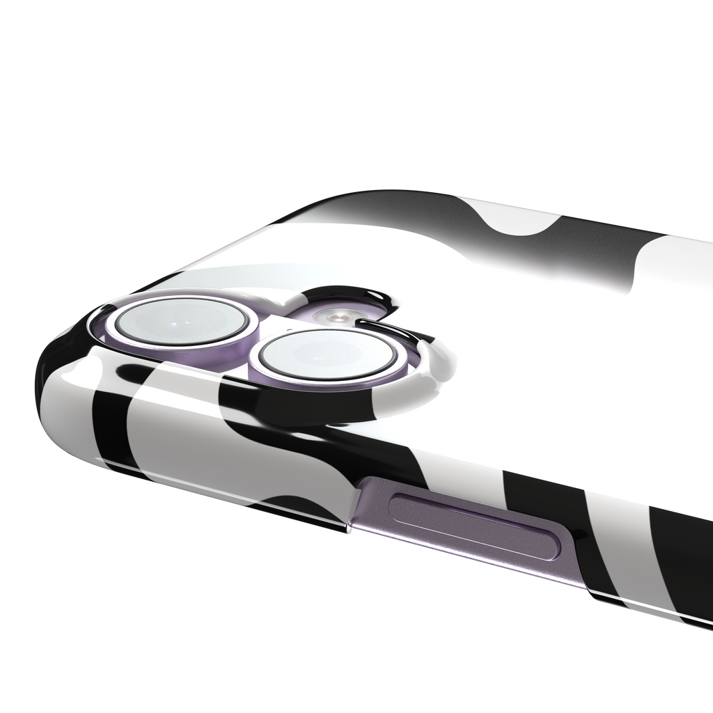 Wavey abstract phone case in black and white fluid swirl pattern, phone case by Caselier — snap case, volume buttons detail