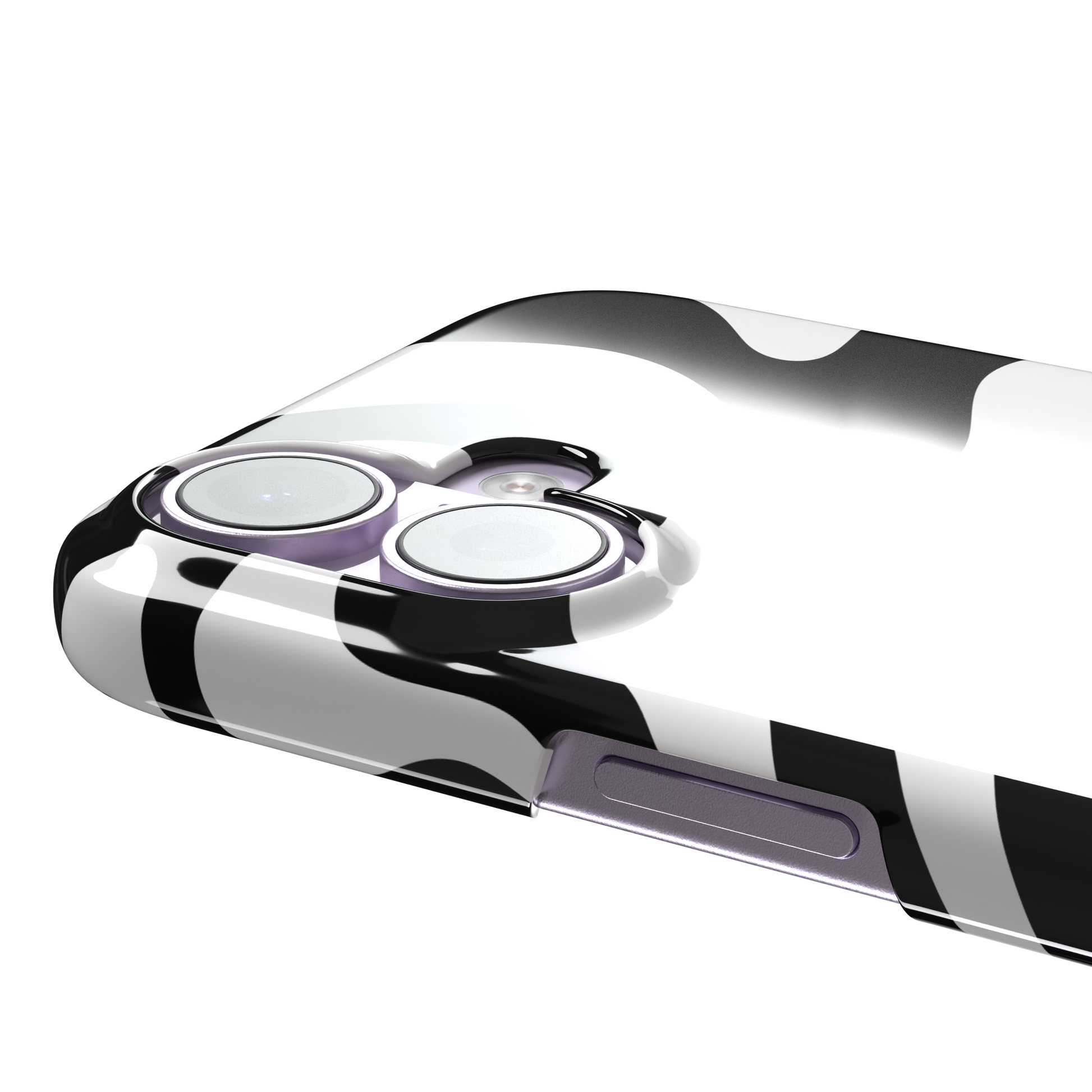 Wavey abstract phone case in black and white fluid swirl pattern, phone case by Caselier — snap case, volume buttons detail