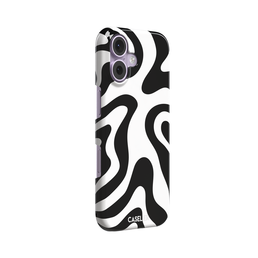 Wavey abstract phone case in black and white fluid swirl pattern, phone case by Caselier — snap case, left view