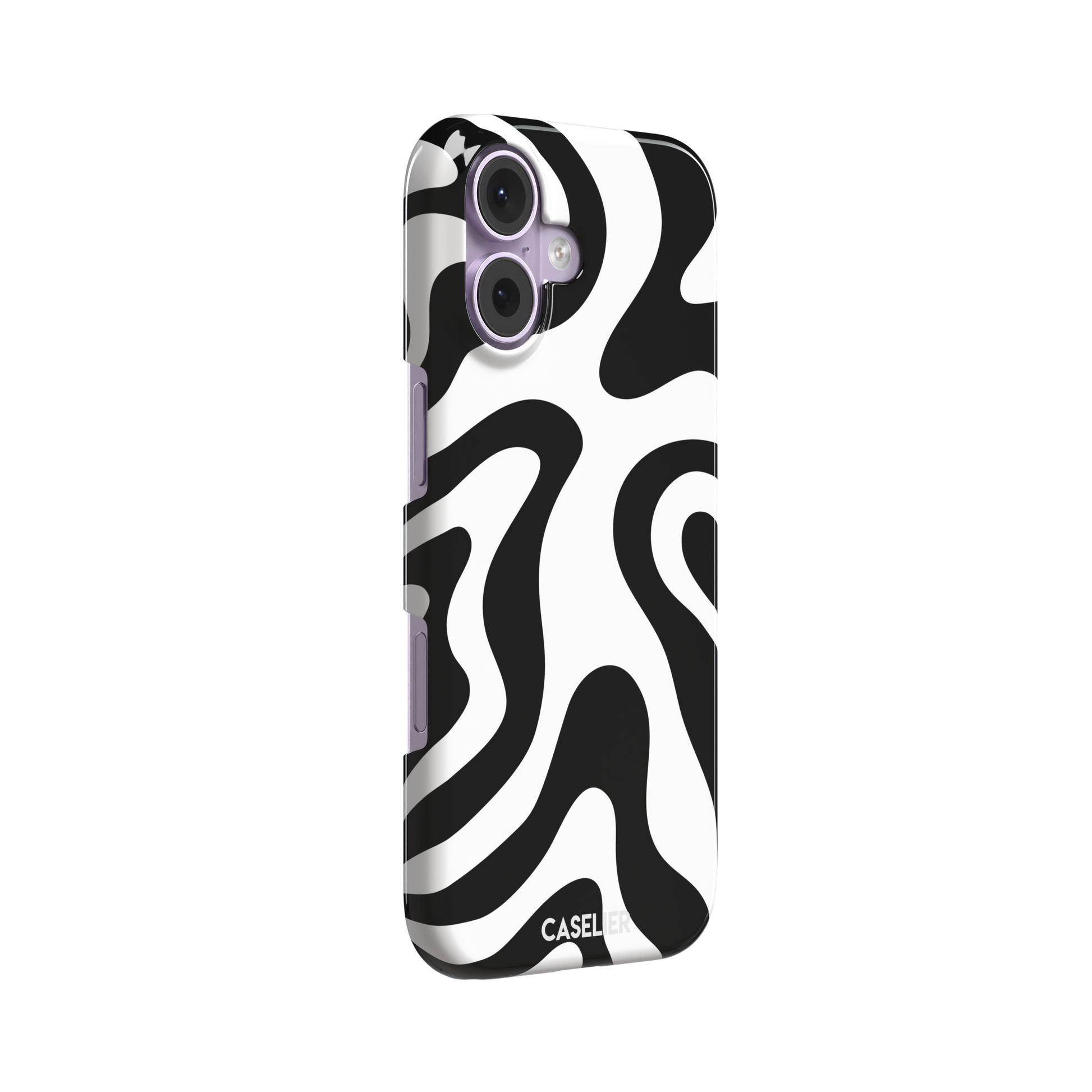 Wavey abstract phone case in black and white fluid swirl pattern, phone case by Caselier — snap case, left view