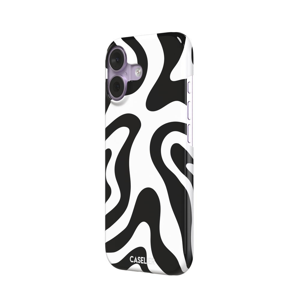 Wavey abstract phone case in black and white fluid swirl pattern, phone case by Caselier — snap case, right view