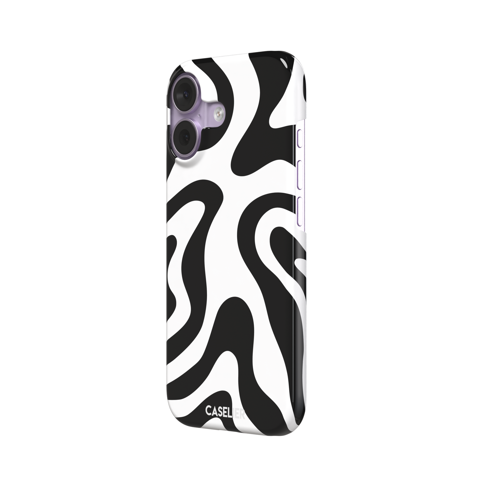 Wavey abstract phone case in black and white fluid swirl pattern, phone case by Caselier — snap case, right view