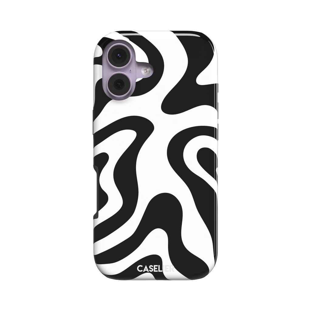 Wavey abstract phone case in black and white fluid swirl pattern, phone case by Caselier — tough case, front view