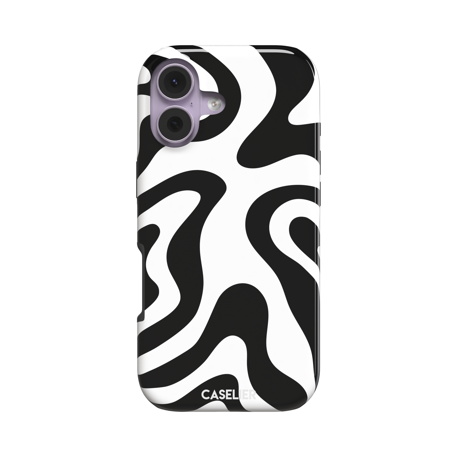 Wavey abstract phone case in black and white fluid swirl pattern, phone case by Caselier — tough case, front view