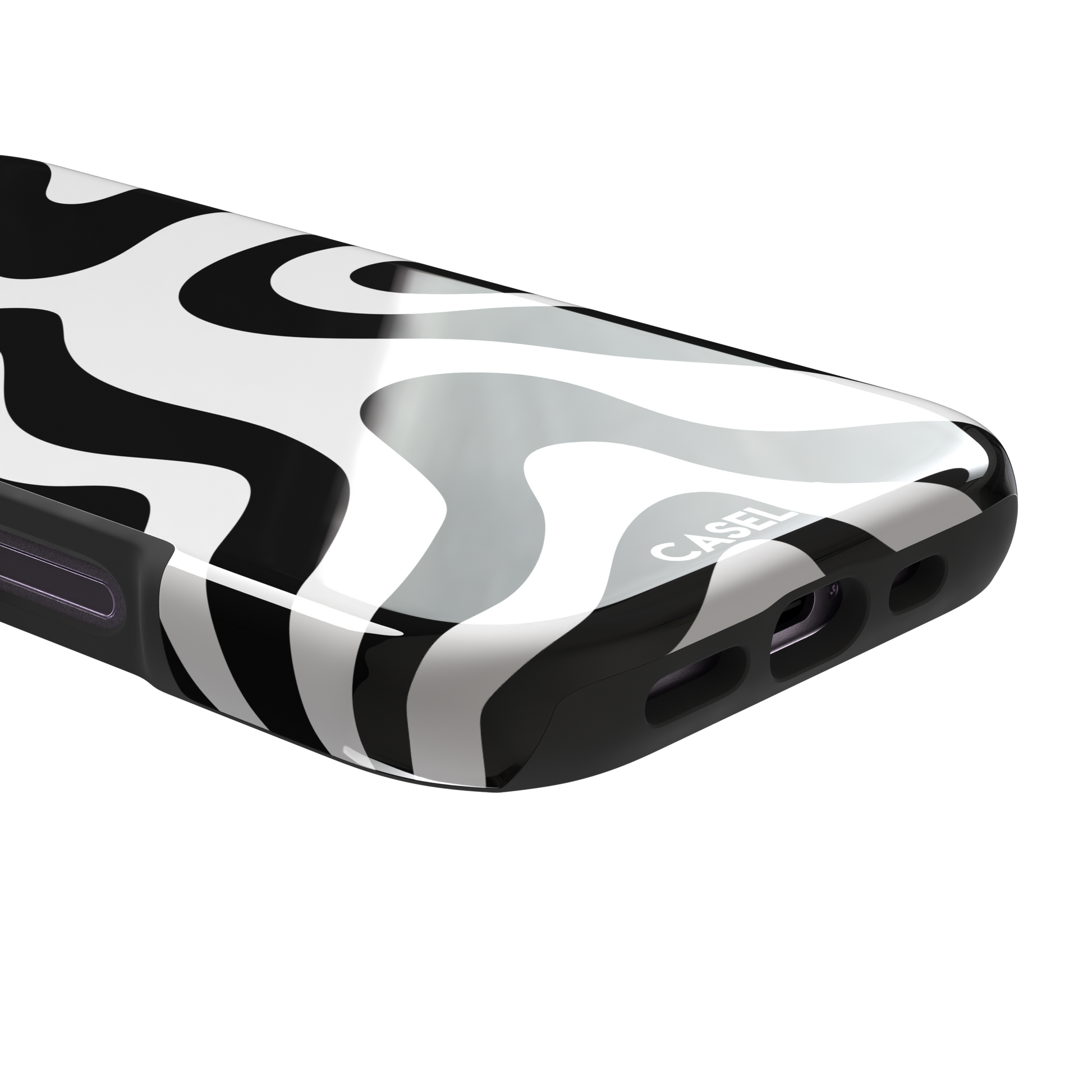 Wavey abstract phone case in black and white fluid swirl pattern, phone case by Caselier — tough case, charging port detail