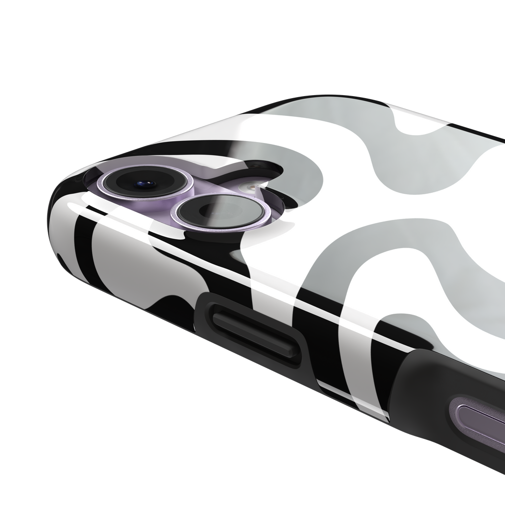Wavey abstract phone case in black and white fluid swirl pattern, phone case by Caselier — tough case, volume buttons detail