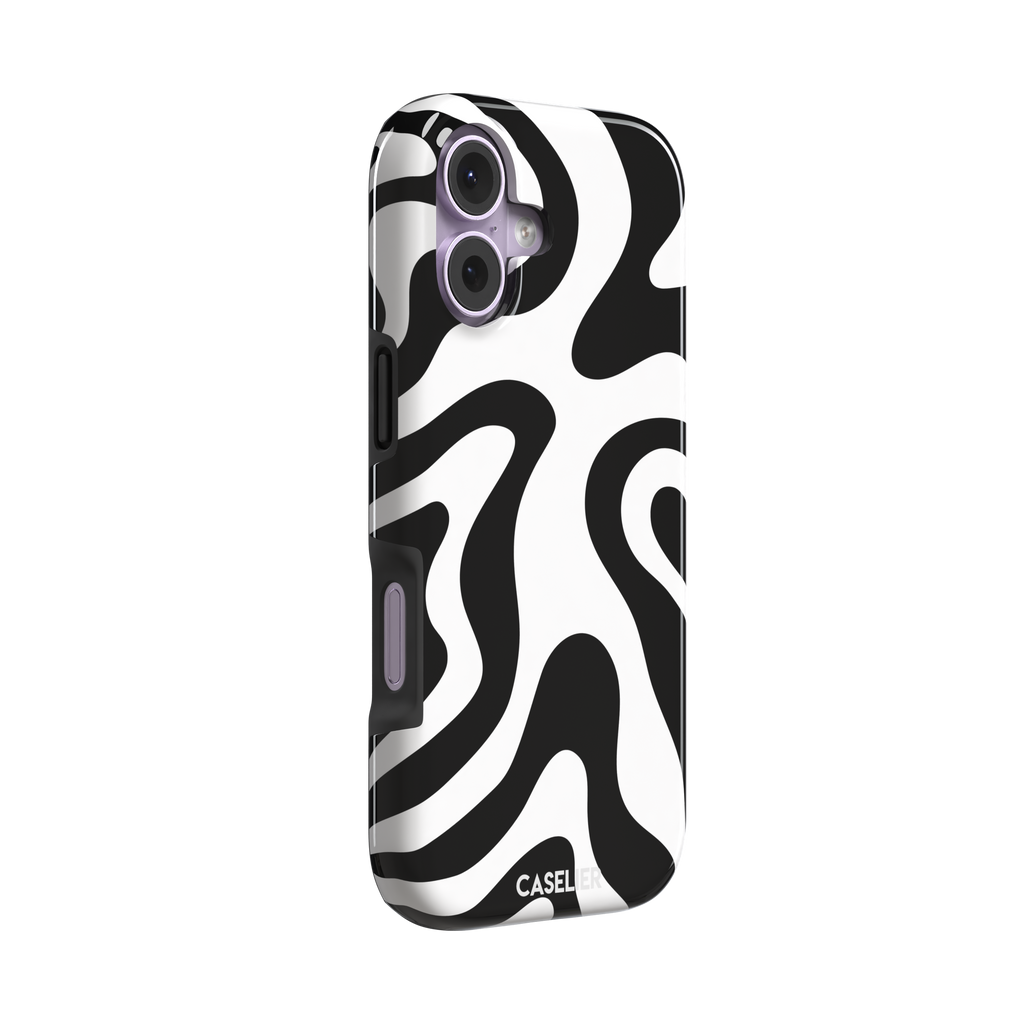 Wavey abstract phone case in black and white fluid swirl pattern, phone case by Caselier — tough case, left view