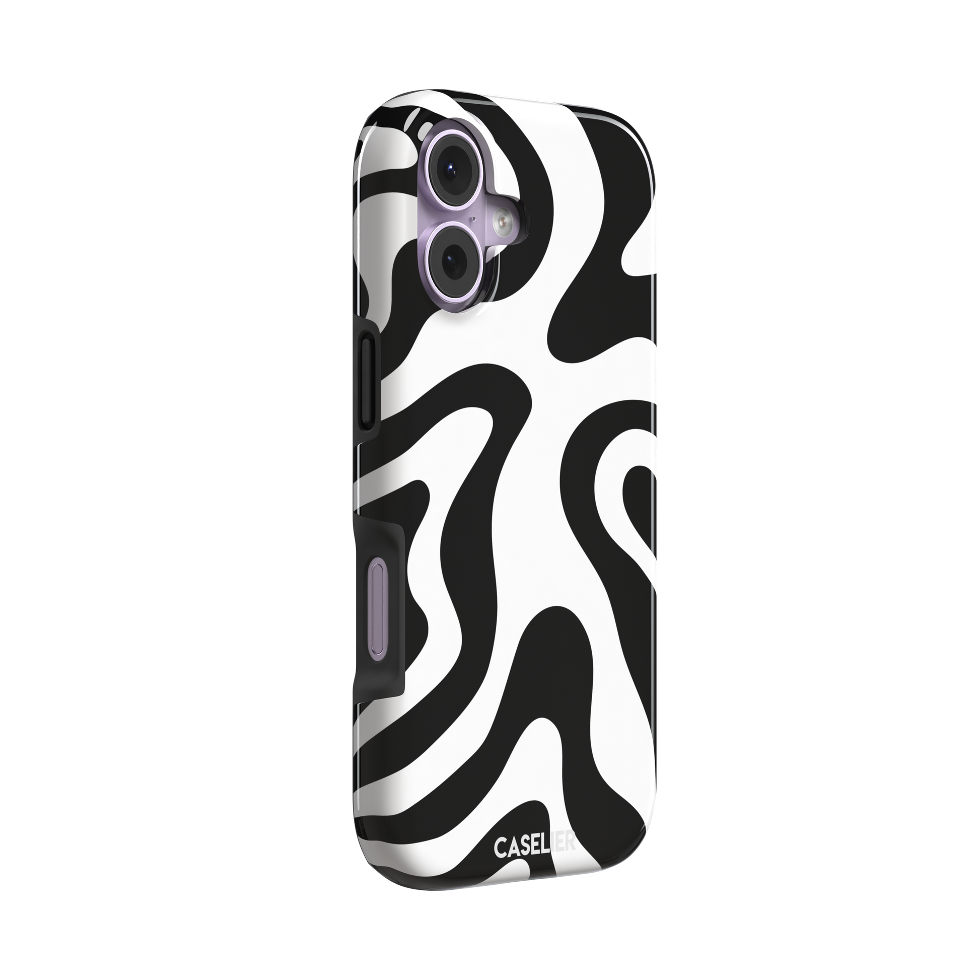 Wavey abstract phone case in black and white fluid swirl pattern, phone case by Caselier — tough case, left view