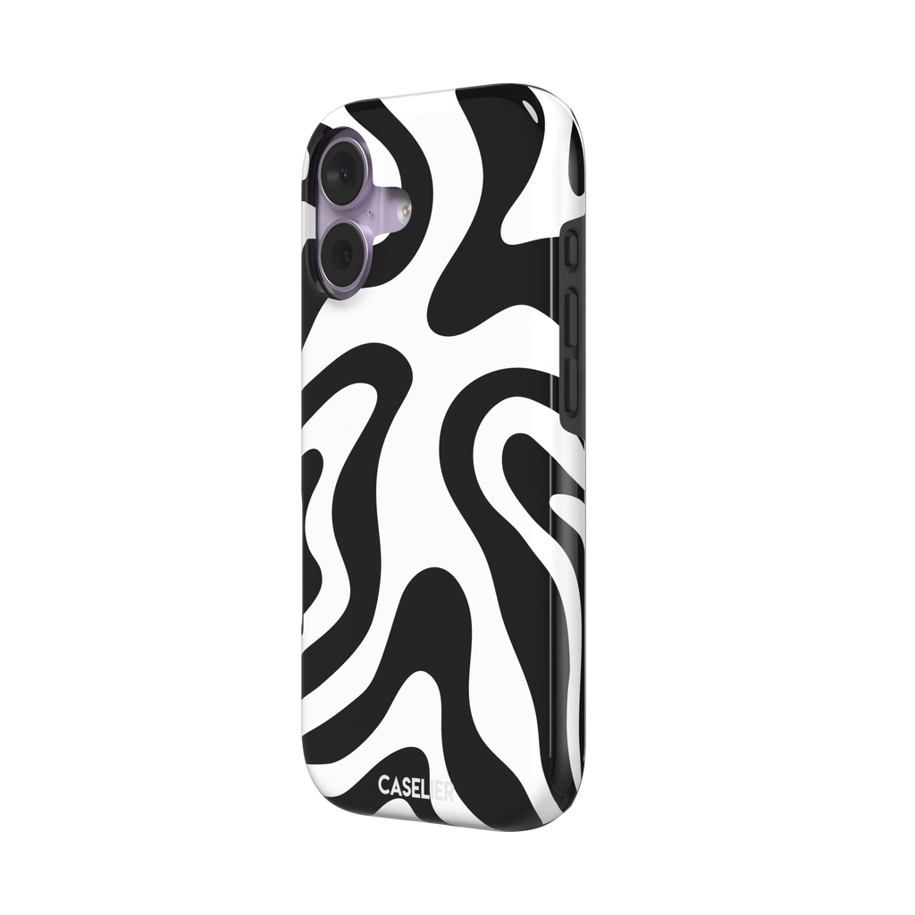 Wavey abstract phone case in black and white fluid swirl pattern, phone case by Caselier — tough case, right view