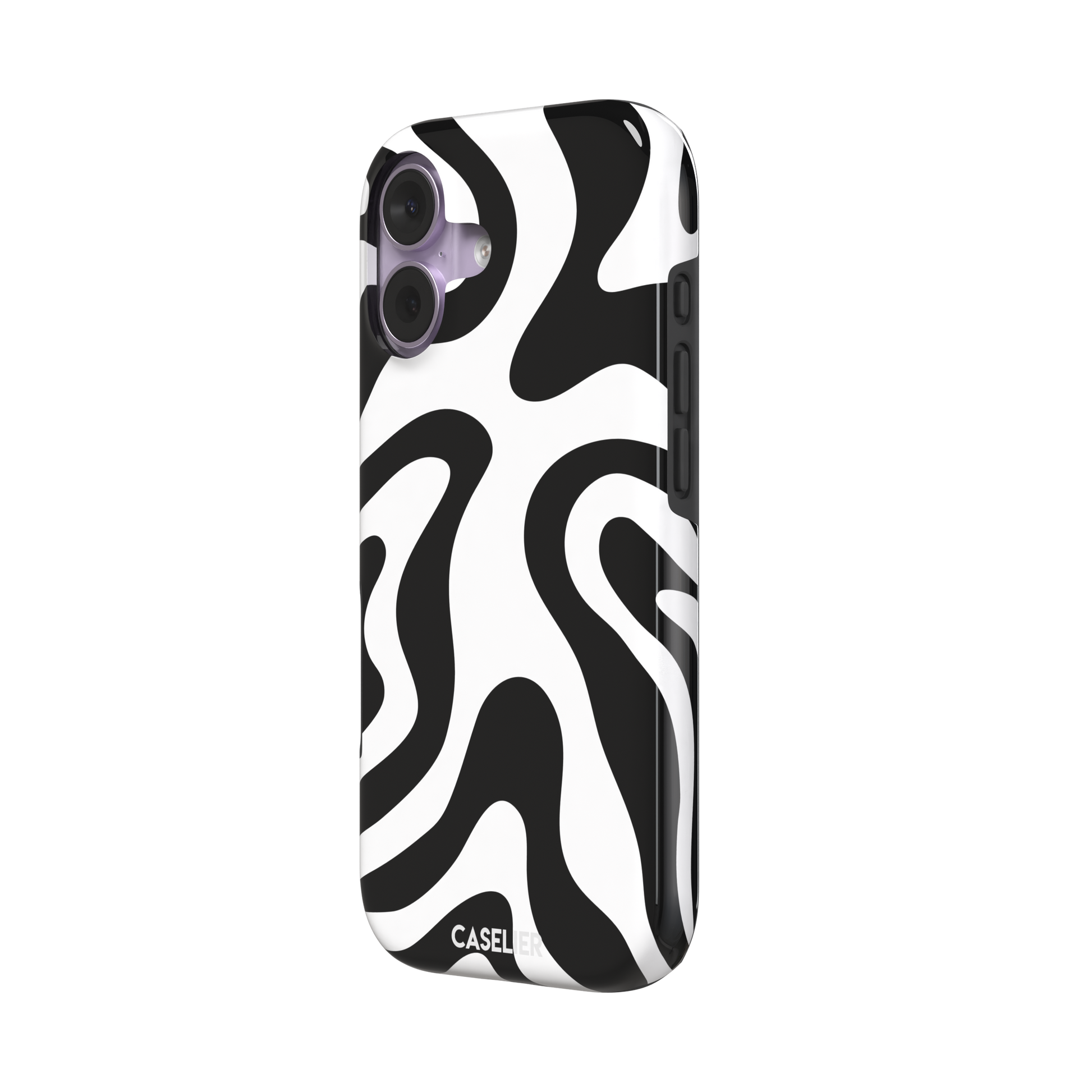 Wavey abstract phone case in black and white fluid swirl pattern, phone case by Caselier — tough case, right view