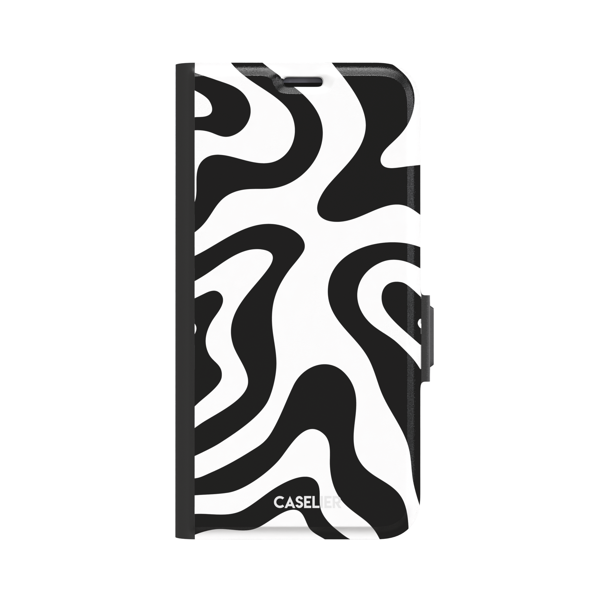 Wavey abstract phone case in black and white fluid swirl pattern, phone case by Caselier — wallet case, front view
