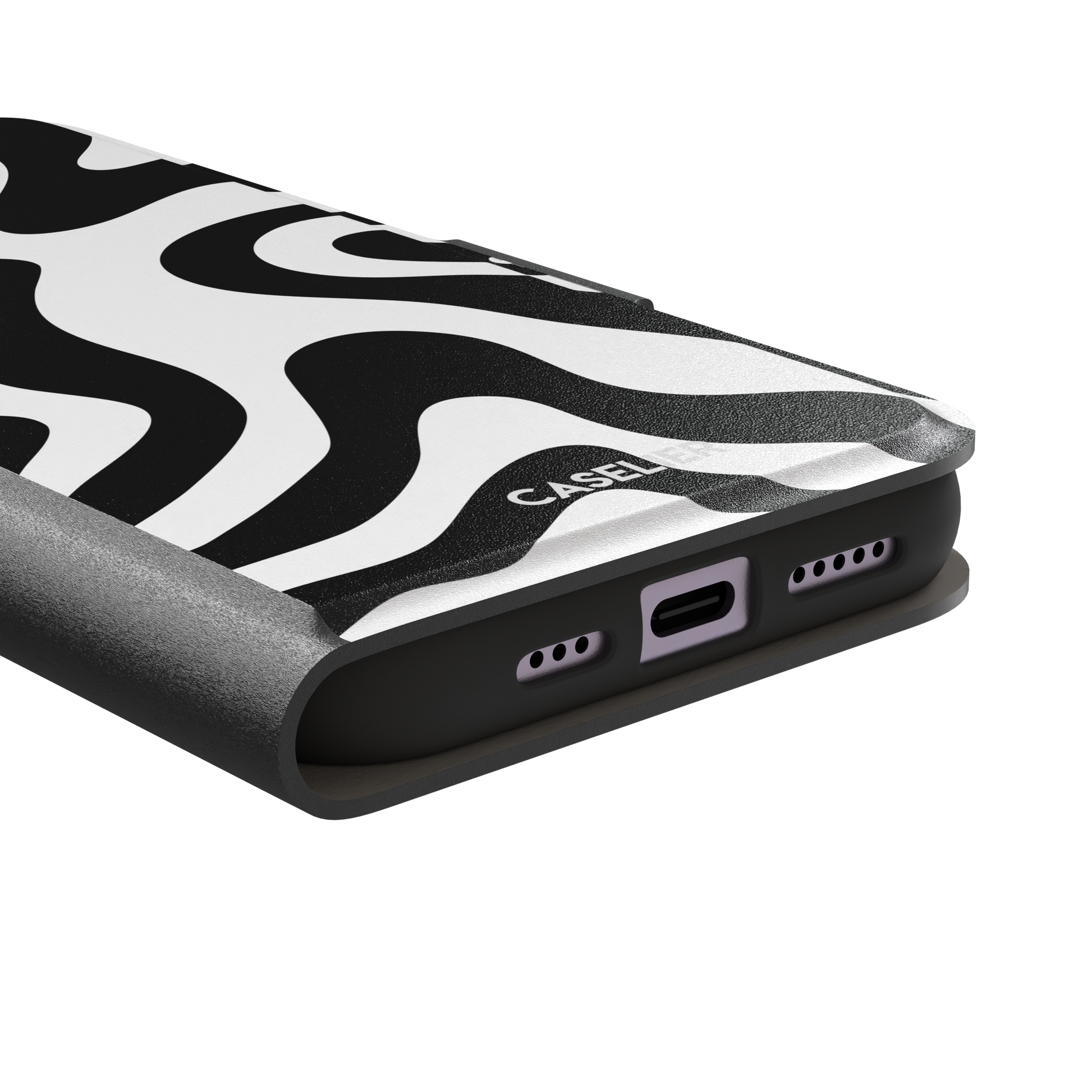 Wavey abstract phone case in black and white fluid swirl pattern, phone case by Caselier — wallet case, charging port detail