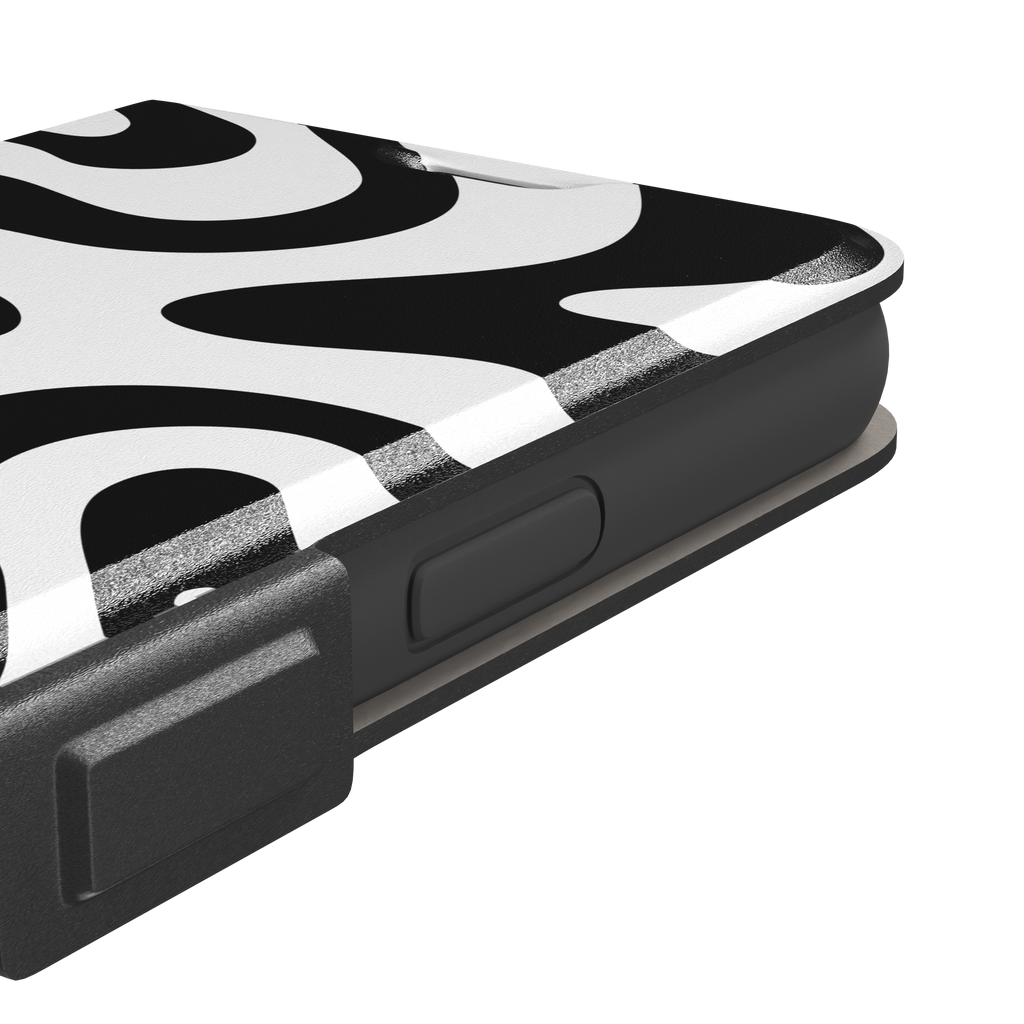 Wavey abstract phone case in black and white fluid swirl pattern, phone case by Caselier — wallet case, volume buttons detail