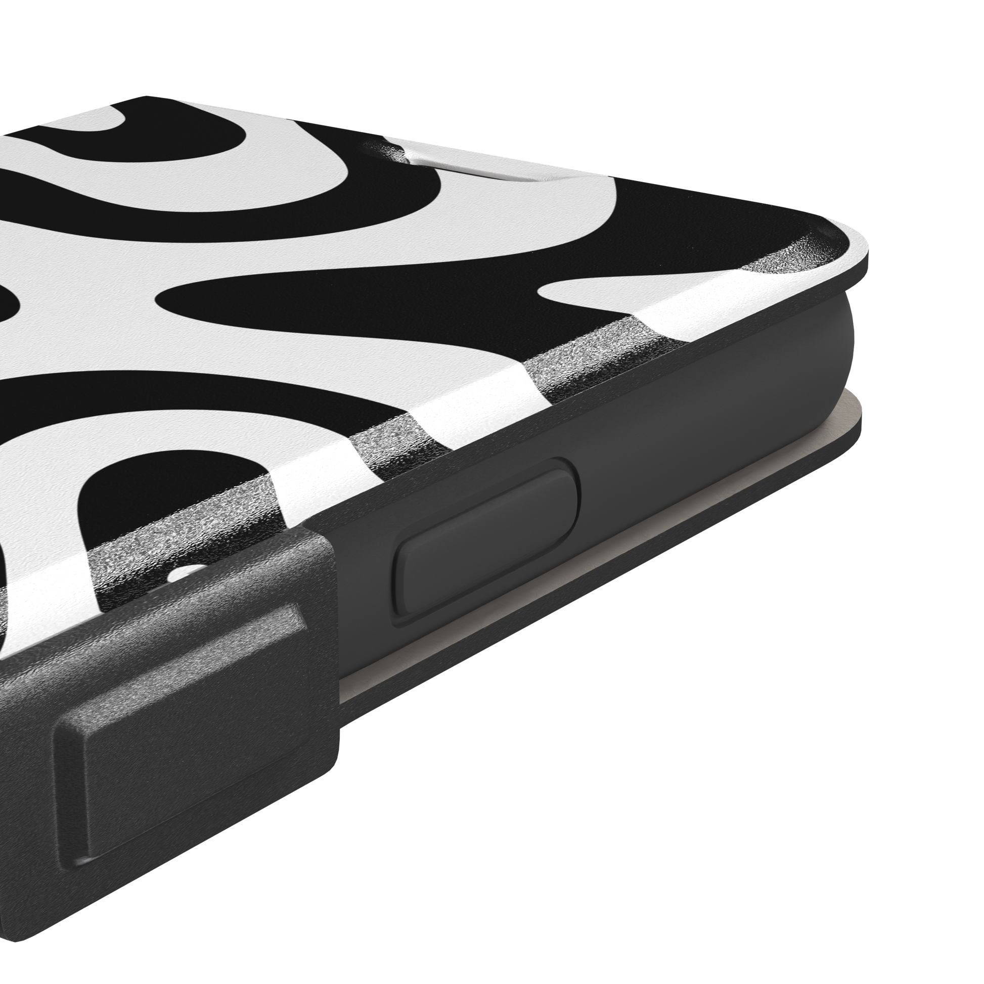 Wavey abstract phone case in black and white fluid swirl pattern, phone case by Caselier — wallet case, volume buttons detail
