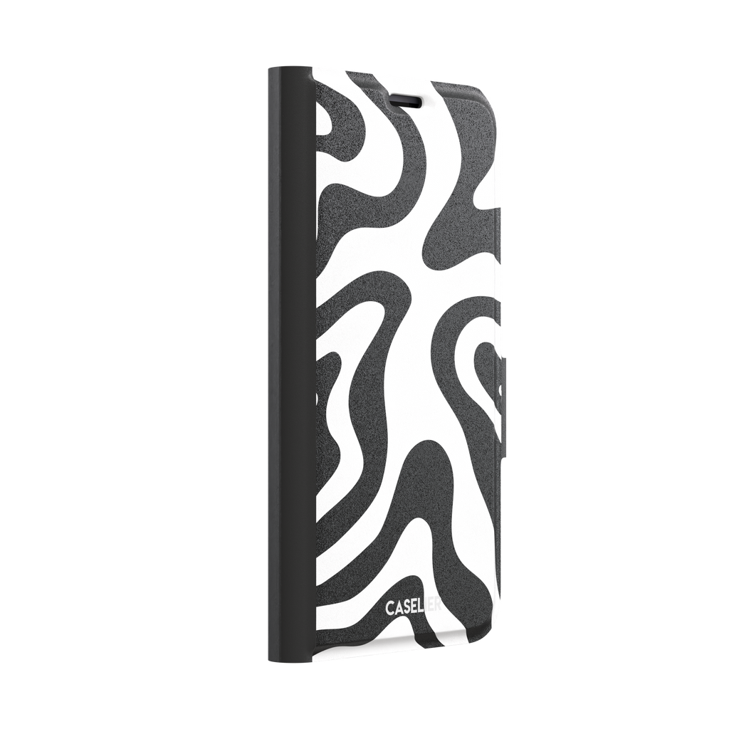 Wavey abstract phone case in black and white fluid swirl pattern, phone case by Caselier — wallet case, left view