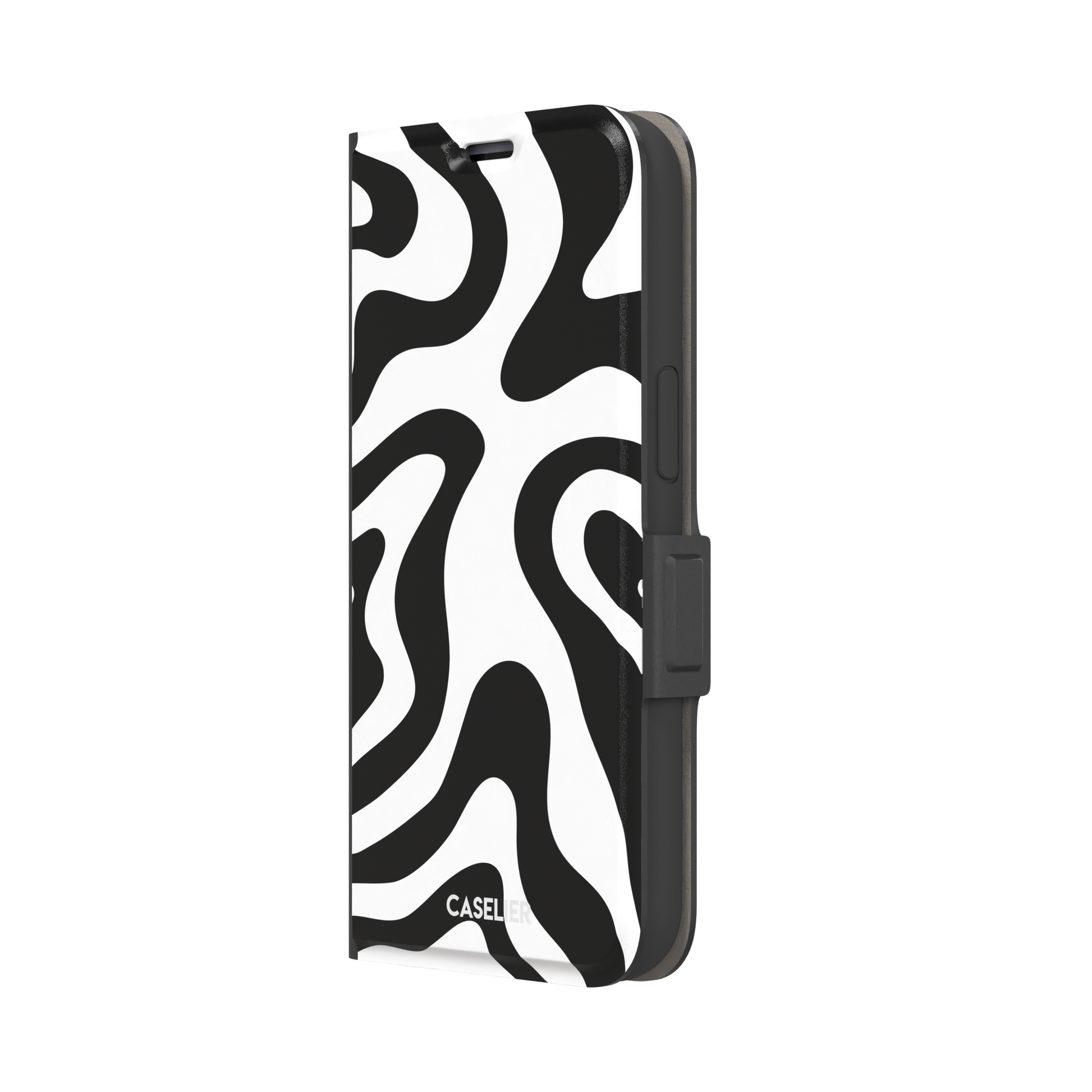Wavey abstract phone case in black and white fluid swirl pattern, phone case by Caselier — wallet case, right view
