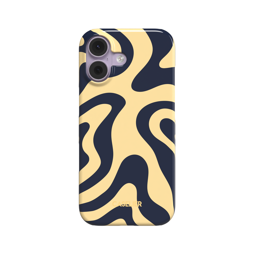 Wavey phone case in Blue and Beige, flowing swirl pattern with deep navy ribbons on a soft cream beige background, glossy finish, phone case by Caselier - snap case, front view | Caselier