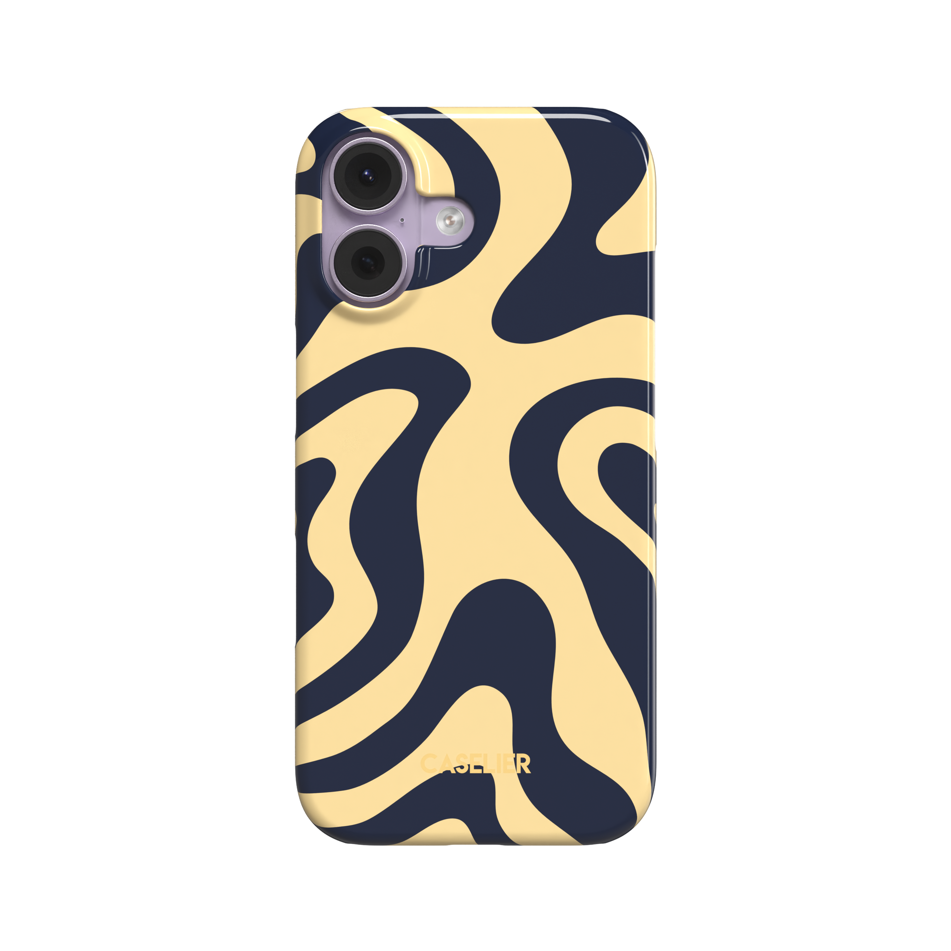 Wavey phone case in Blue and Beige, flowing swirl pattern with deep navy ribbons on a soft cream beige background, glossy finish, phone case by Caselier - snap case, front view | Caselier