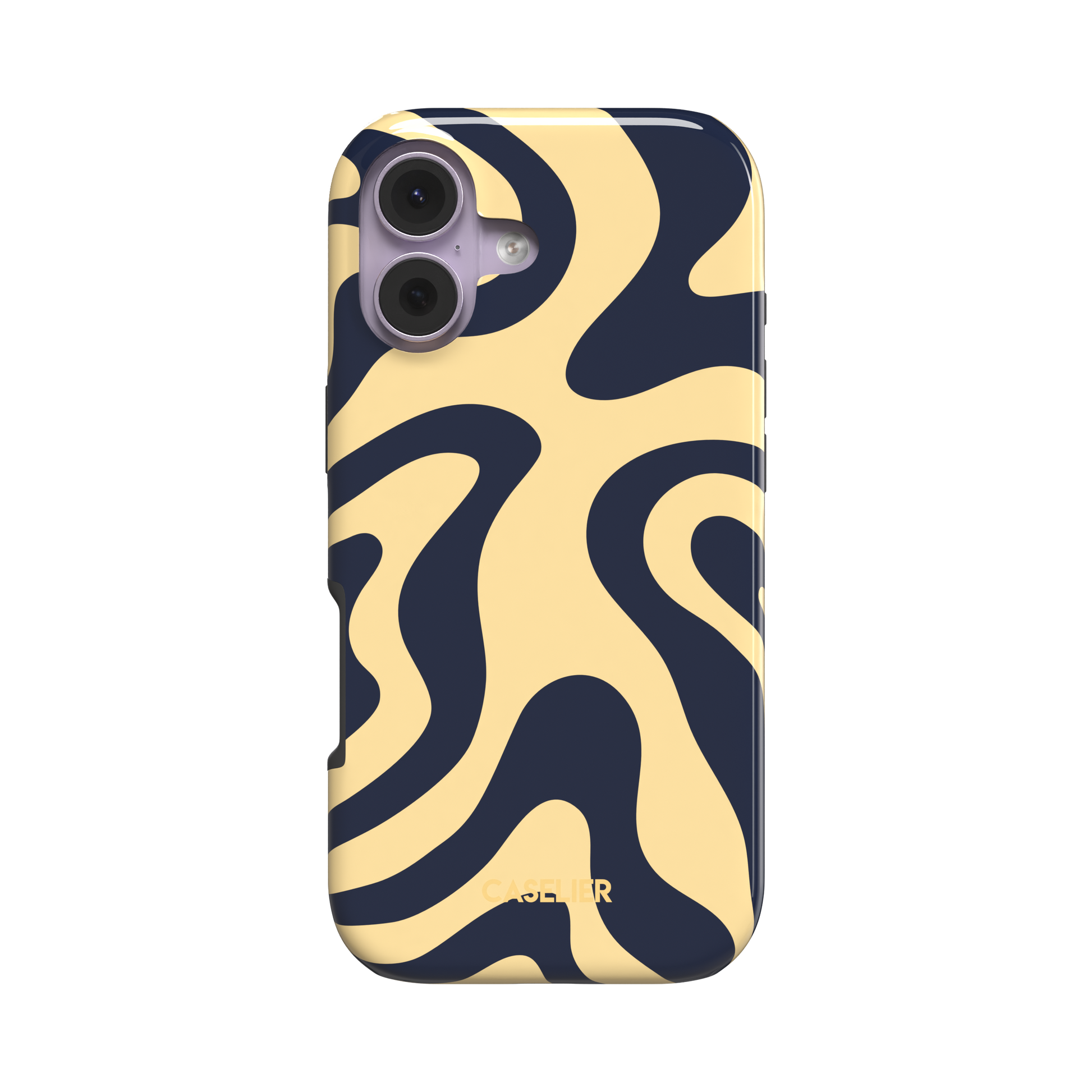 Wavey phone case in Blue and Beige, flowing swirl pattern with deep navy ribbons on a soft cream beige background, glossy finish, phone case by Caselier - tough case, front view | Caselier