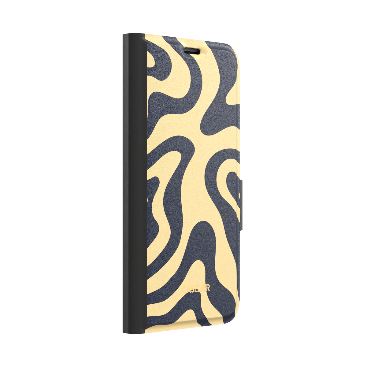 Wavey, wavy swirl pattern in navy blue and cream, wallet case, left view, phone case by Caselier