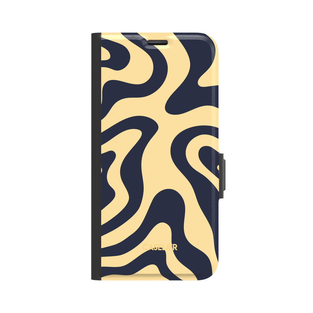 Wavey phone case in Blue and Beige, flowing swirl pattern with deep navy ribbons on a soft cream beige background, glossy finish, phone case by Caselier - wallet case, front view | Caselier