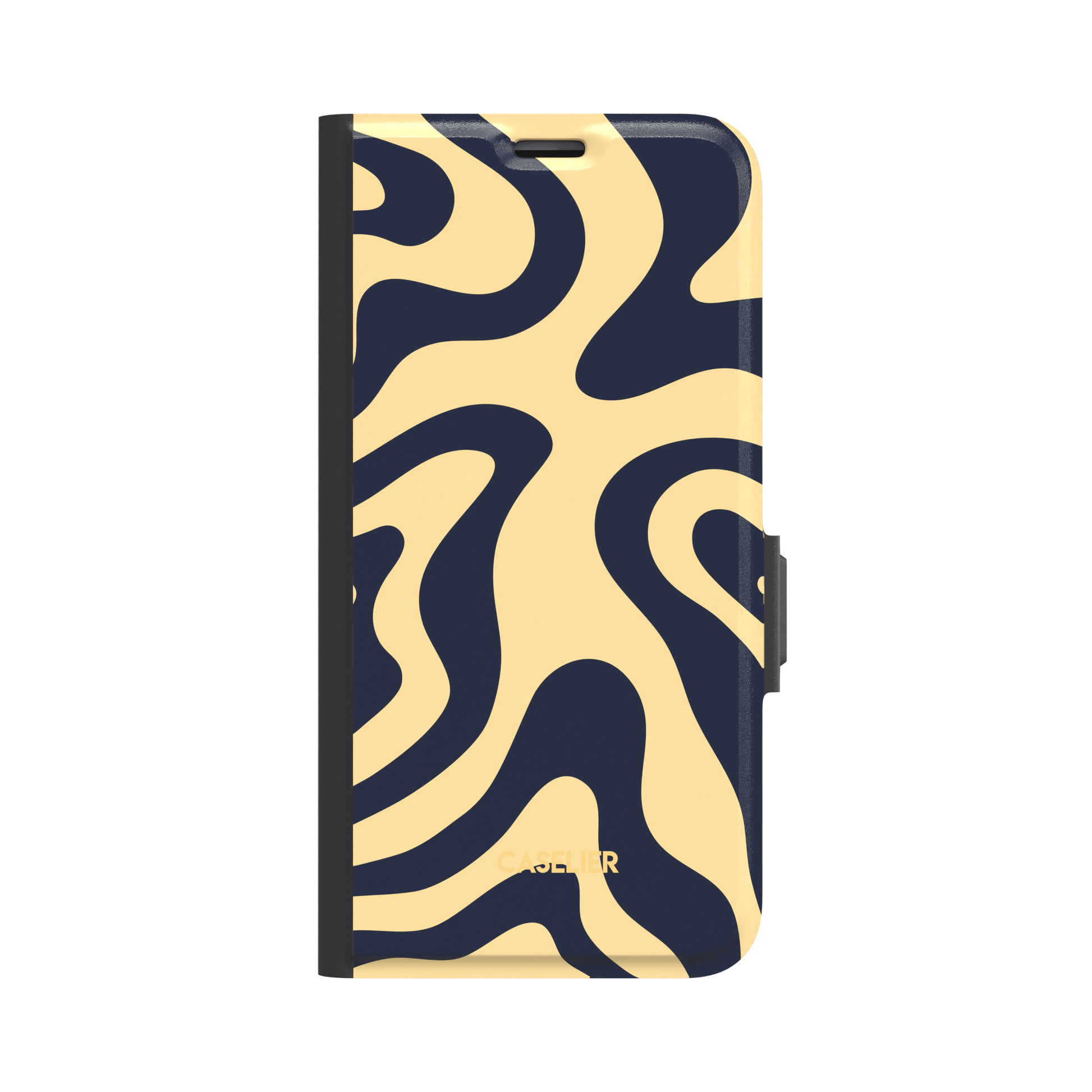 Wavey phone case in Blue and Beige, flowing swirl pattern with deep navy ribbons on a soft cream beige background, glossy finish, phone case by Caselier - wallet case, front view | Caselier