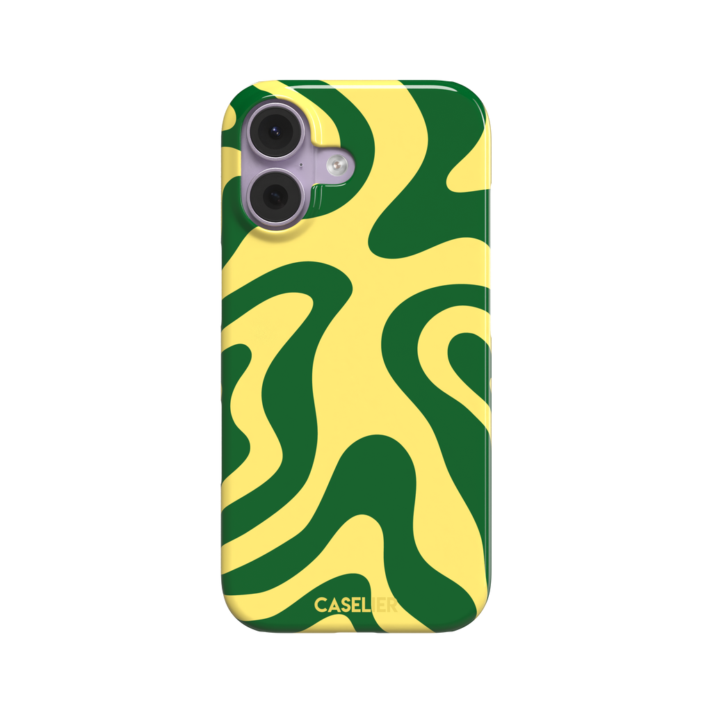 Wavey abstract phone case in yellow and deep green fluid swirl pattern, phone case by Caselier — snap case, front view