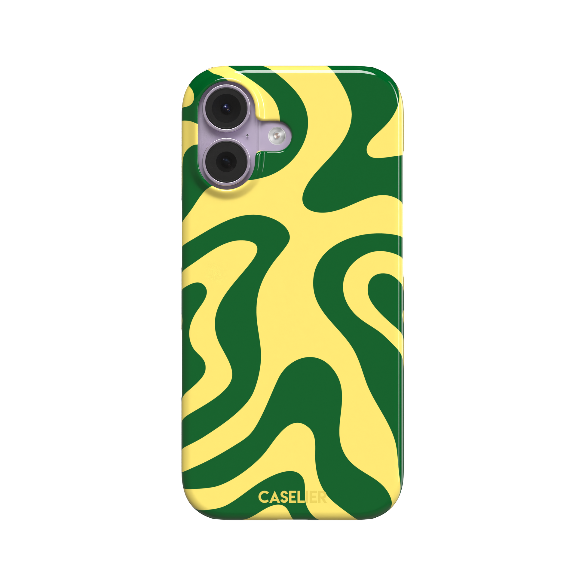Wavey abstract phone case in yellow and deep green fluid swirl pattern, phone case by Caselier — snap case, front view