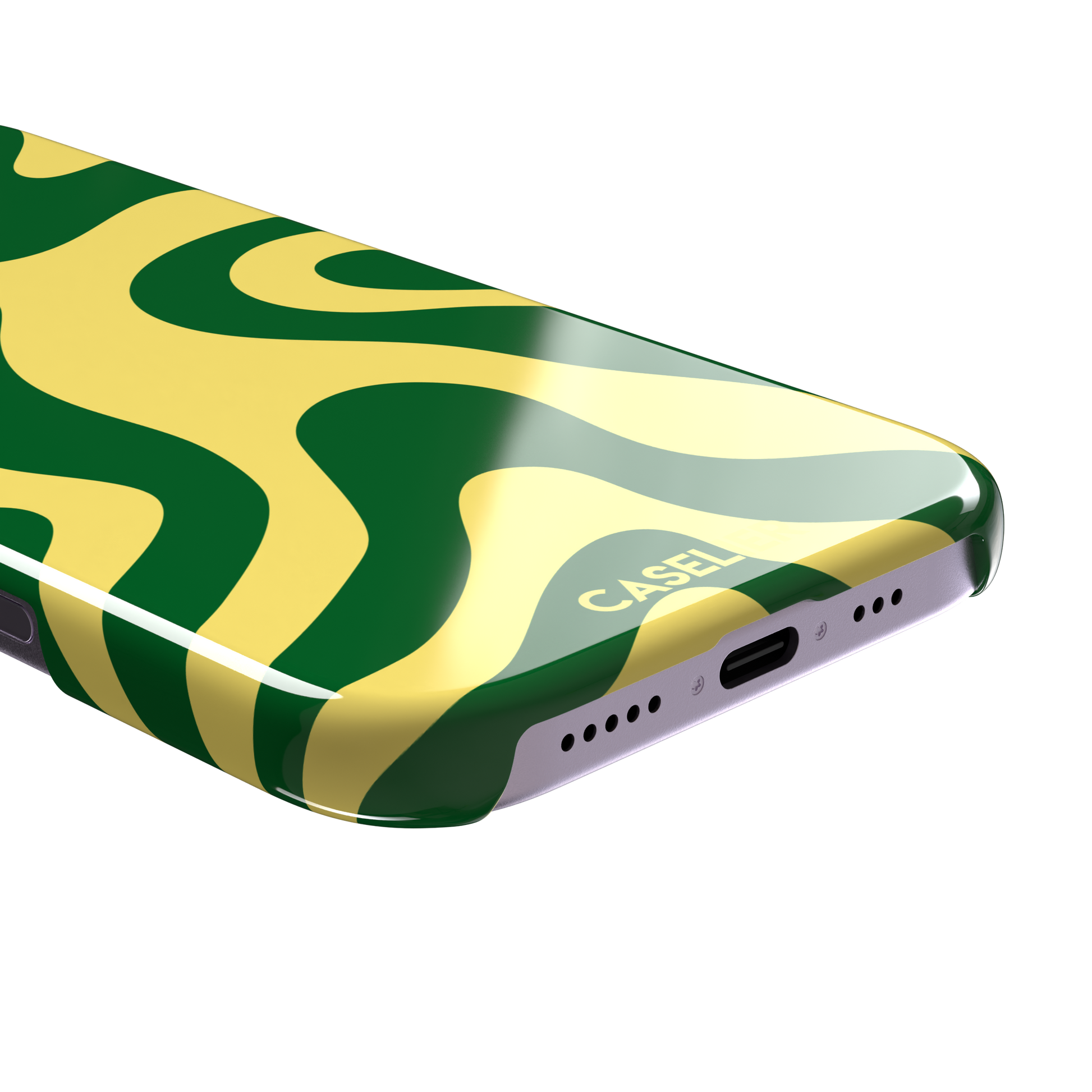 Wavey abstract phone case in yellow and deep green fluid swirl pattern, phone case by Caselier — snap case, charging port detail