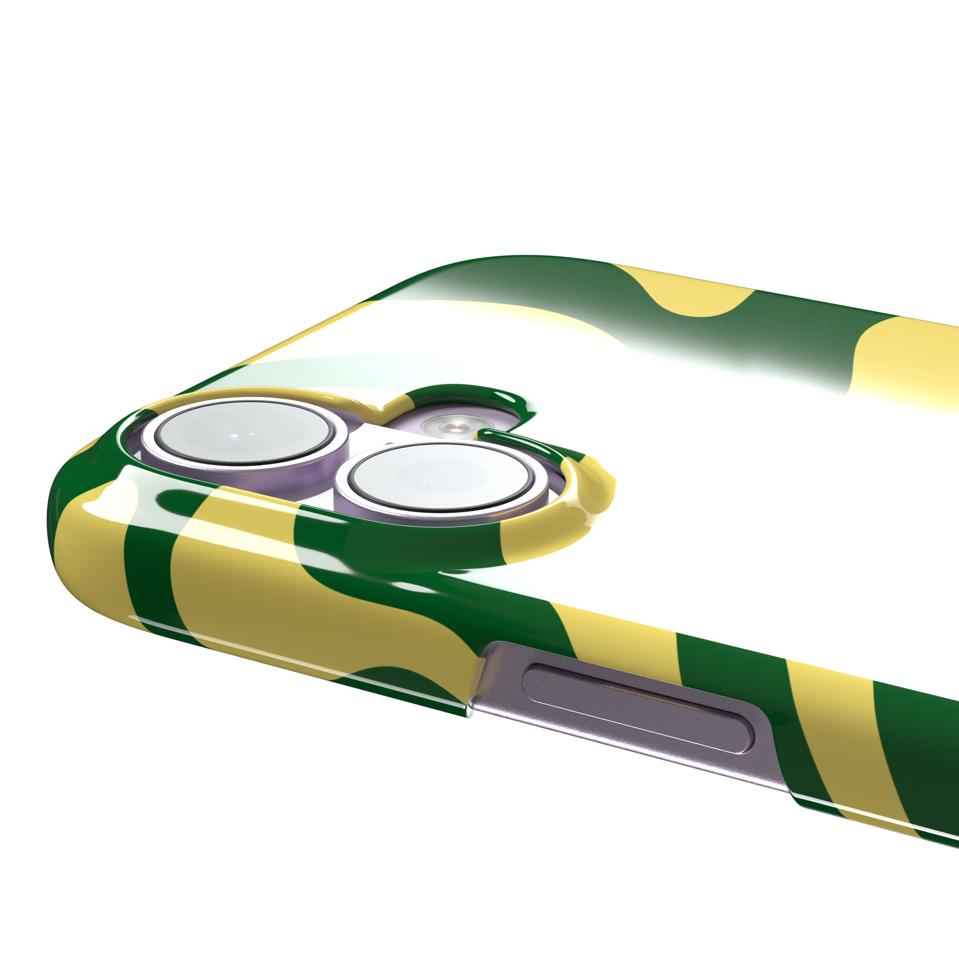 Wavey abstract phone case in yellow and deep green fluid swirl pattern, phone case by Caselier — snap case, volume buttons detail